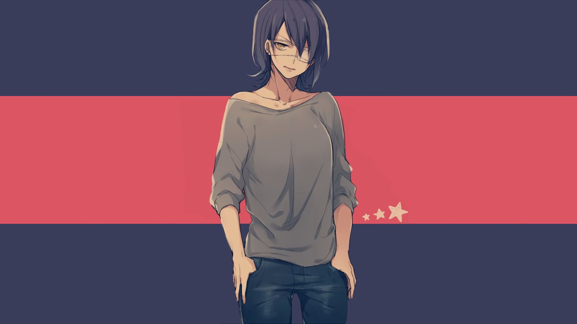 tomboy, simple background, anime, anime girls, Kantai Collection, 1080P, manga, minimalism, Tenryuu (KanColle), eye patch, HD Wallpaper
