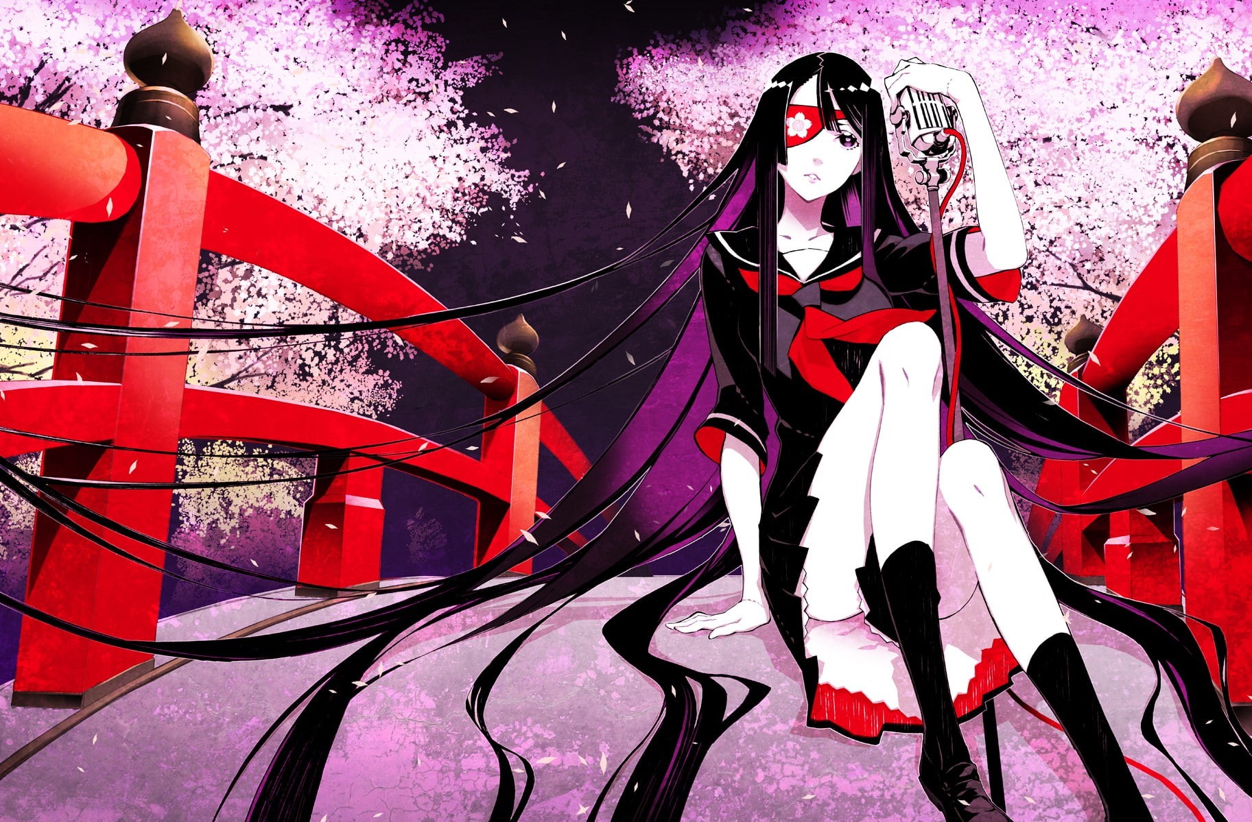 day, red, fashion, eye patch, people, young women, full length, women, 720P, young adult, leisure activity, festival, anime, school uniform, cherry trees, HD Wallpaper