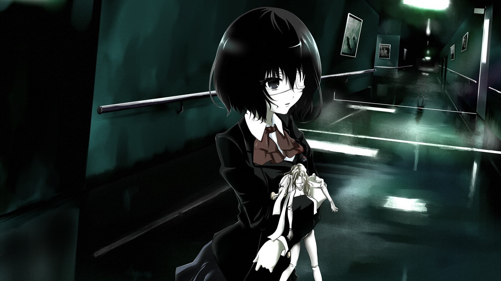 Misaki Mei, anime, puppets, Another, 720P, anime girls, hallway, artwork, eye patch, HD Wallpaper