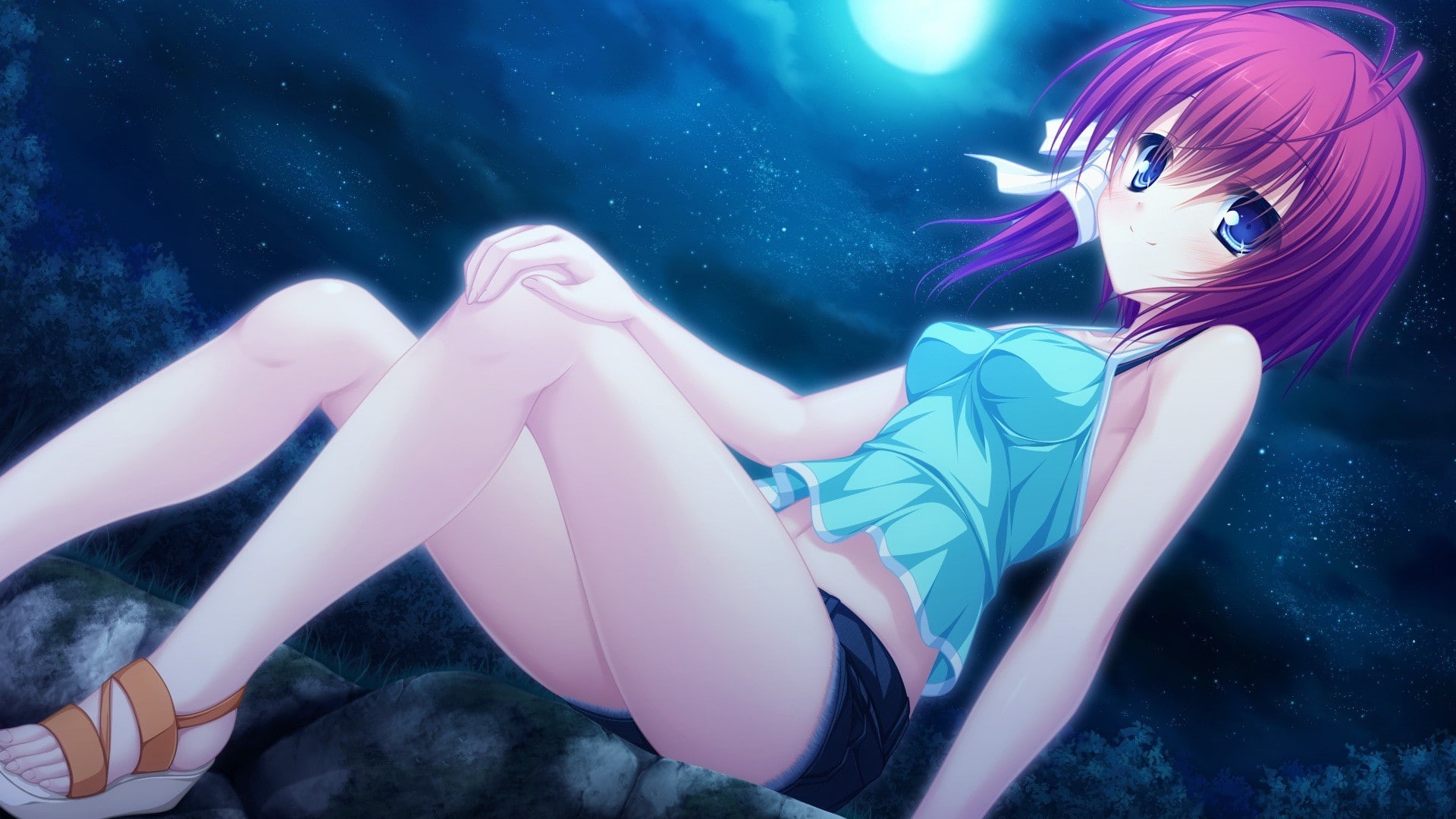 Anime Girls, full length, lifestyles, nature, blue, young adult, night, sea, 1080P, Moon, indoors, anime, young women, digital composite, real people, HD Wallpaper
