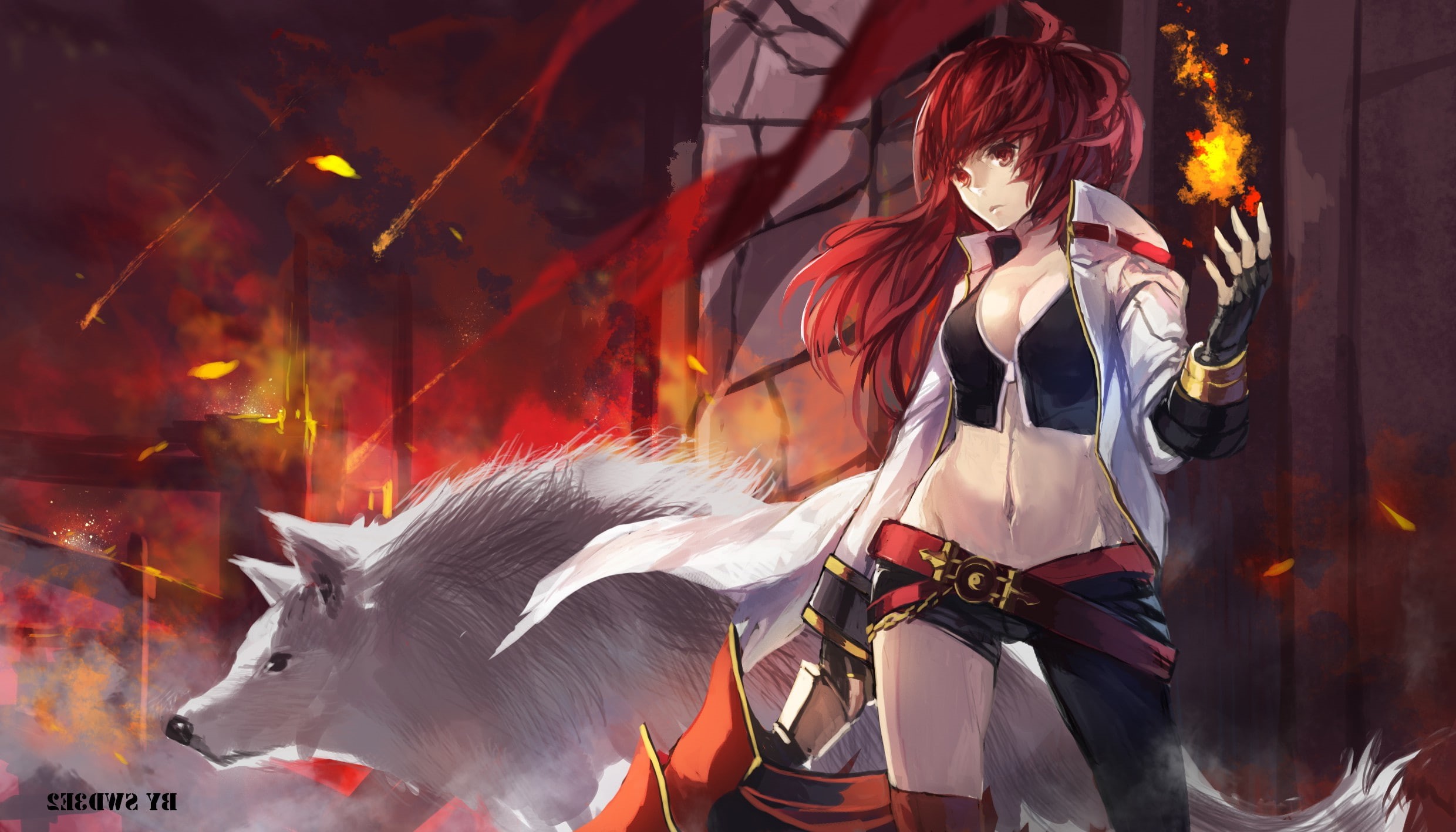wolf, domestic animals, women, clothing, Swd3e2, hairstyle, one person, costume, lifestyles, redhead, three quarter length, gloves, anime, mammal, beautiful woman, HD Wallpaper