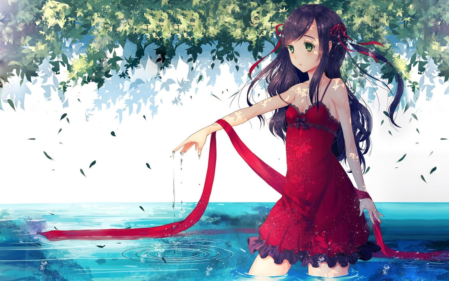Anime Girls, leaves, young women, lifestyles, 720P, contemplation, front view, tree, one person, clothing, beautiful woman, fashion, water, women, sexy anime, HD Wallpaper
