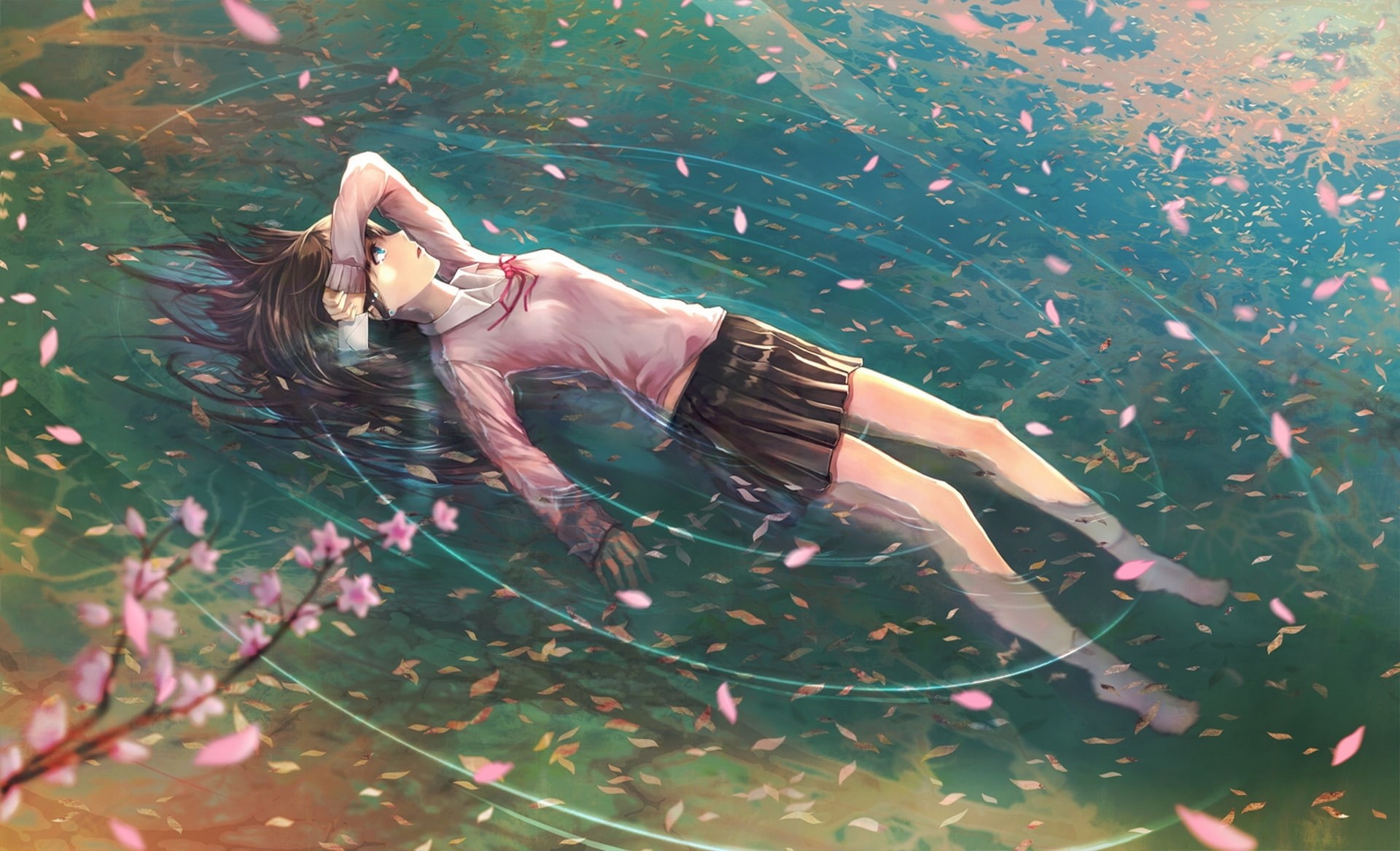 Anime Girls, water, one person, beautiful woman, plant, adult, 1080P, Floating, casual clothing, Cherry Blossom, females, young women, day, growth, leisure activity, HD Wallpaper
