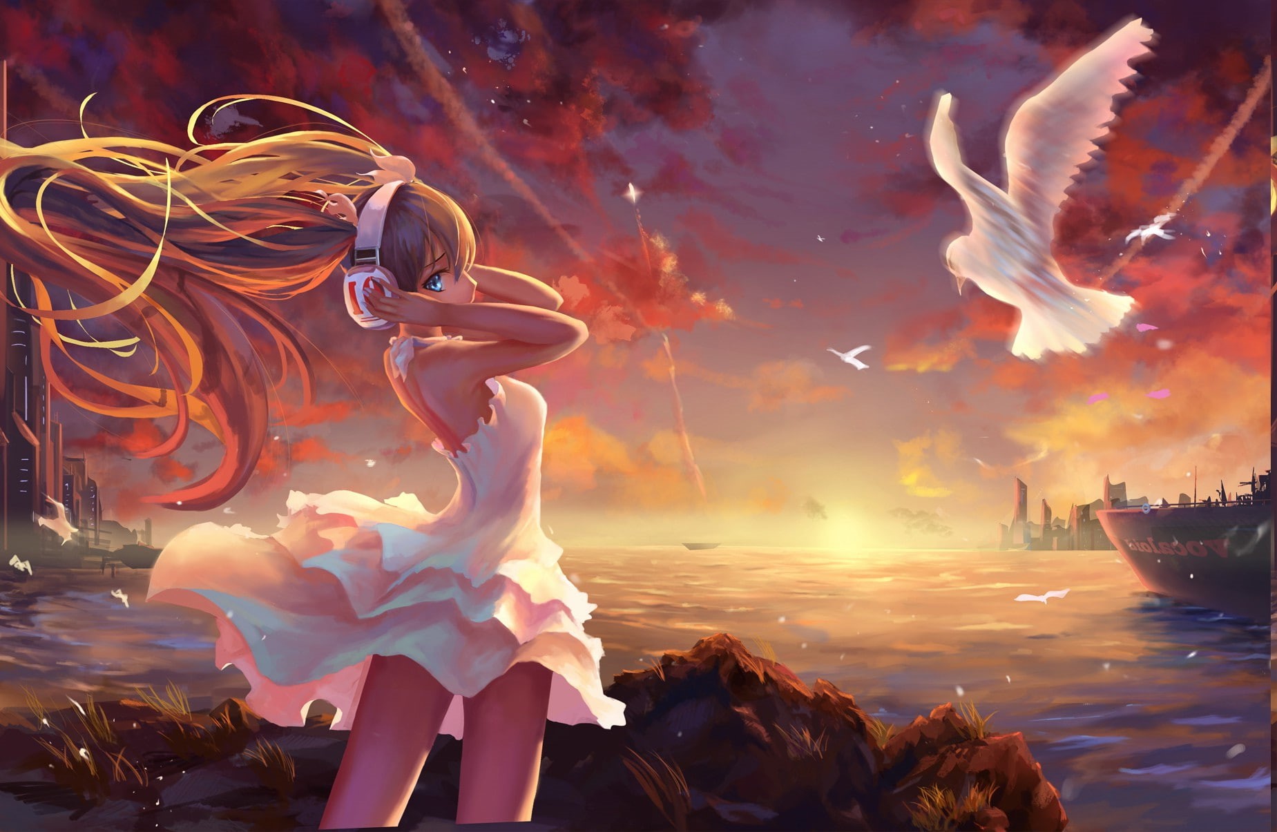 sea, headphones, real people, water, vocaloid, painting, sky, Anime Girls, orange color, sunset, Blonde, Windy, outdoors, digital composite, women, twintails, HD Wallpaper