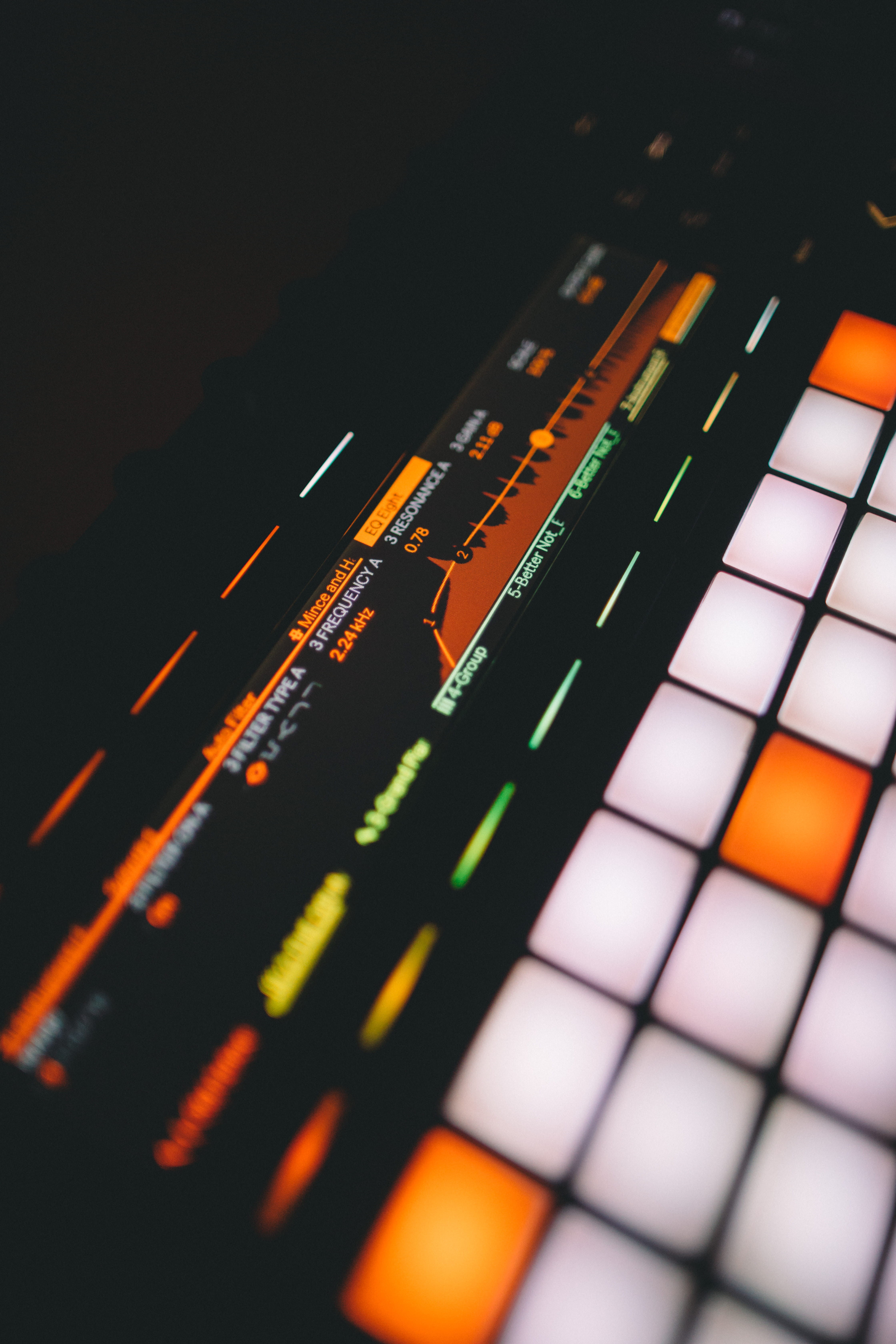 dark, technology, production, close-up, studio shot, no people, yellow, equipment, indoors, orange color, equalizer, push 2, still life, selective focus, Phone HD Wallpaper