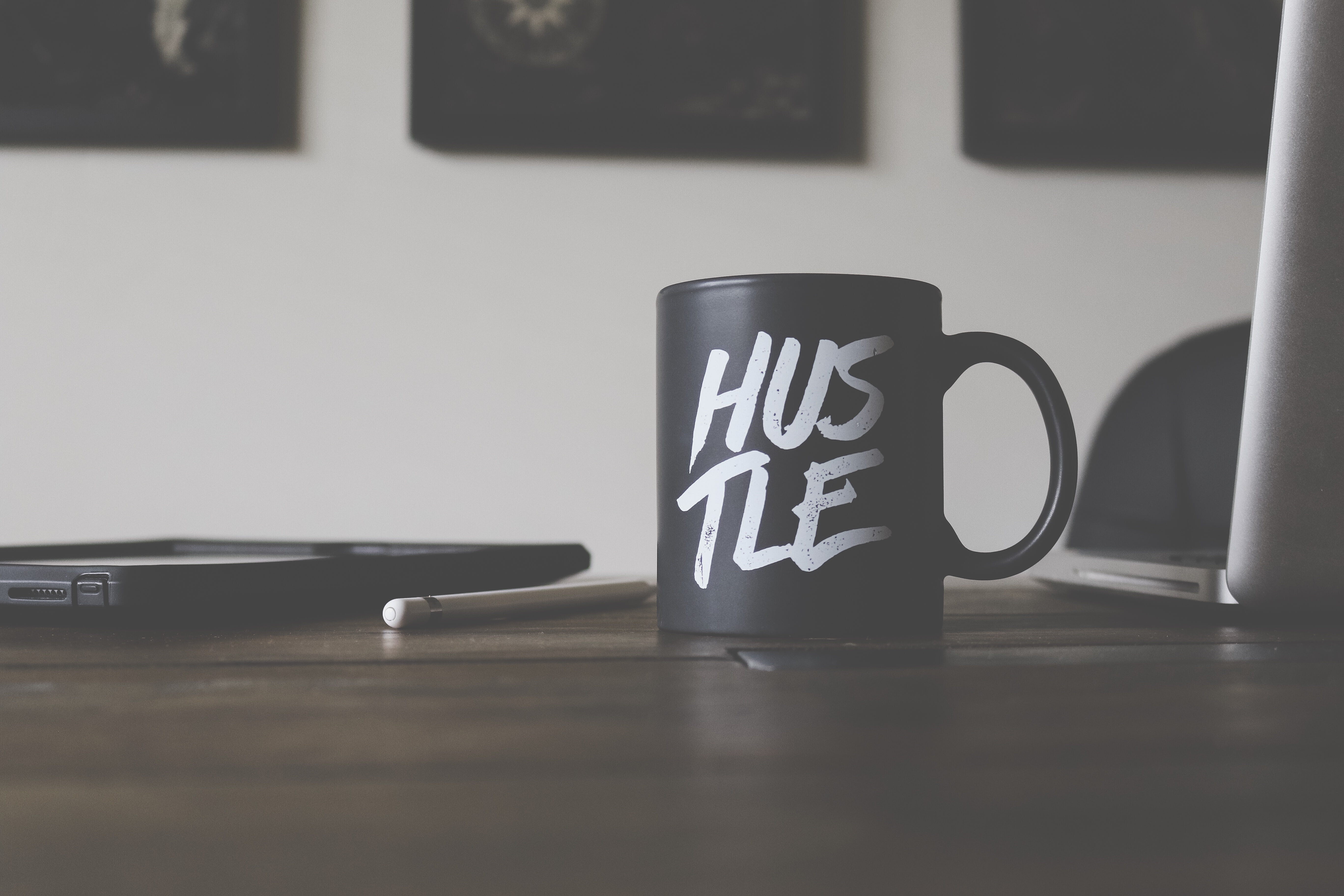 indoors, day, cup, Grind, business, tea cup, white, mug, connection, no people, black, top, wireless technology, drink, printed, table, wooden, message, HD Wallpaper
