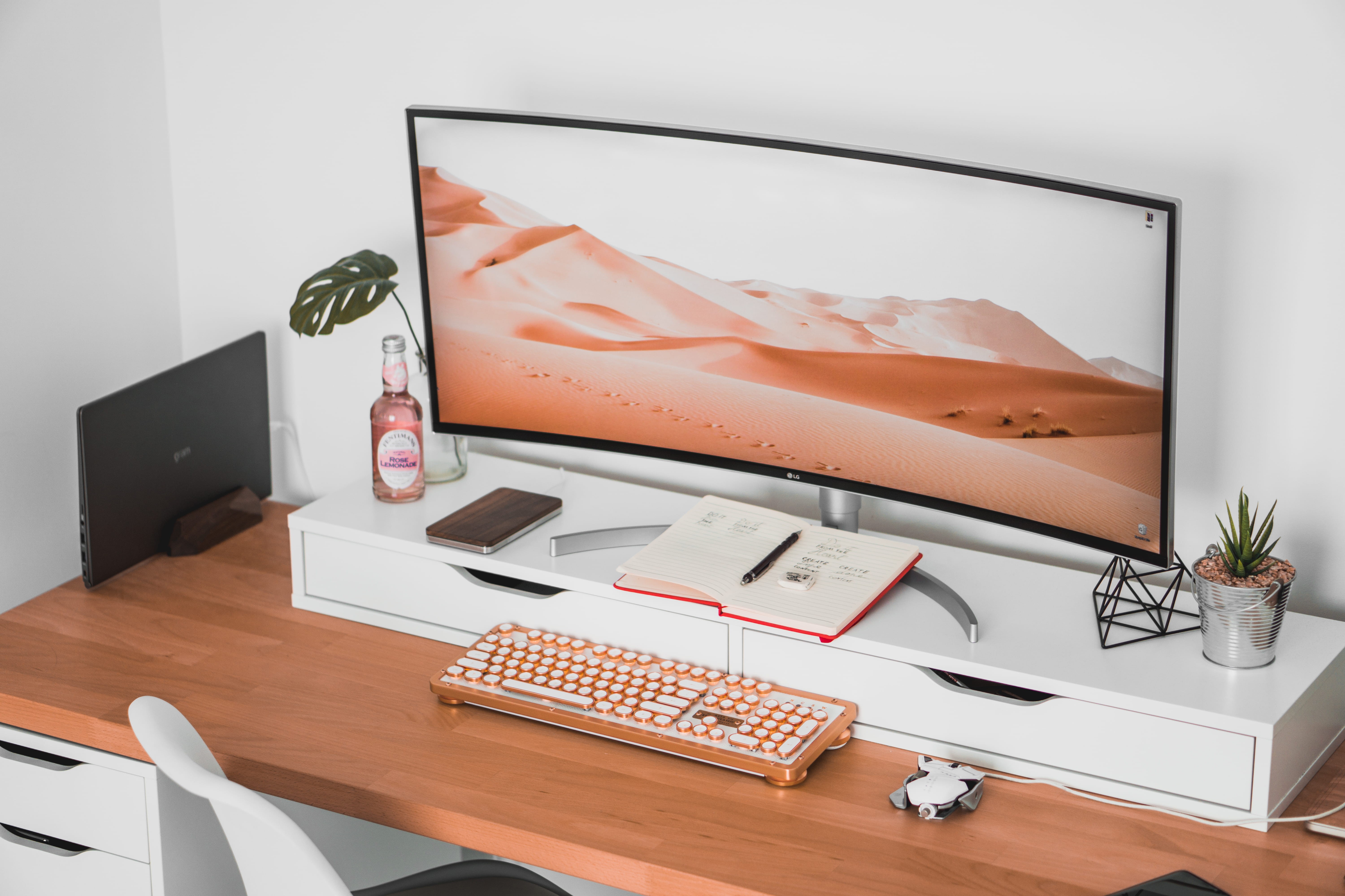 food and drink, furniture, minimalist, desk, minimal, 5K, laptop, homeoffice, desktop, background, communication, setup, monitor, still life, computer keyboard, HD Wallpaper