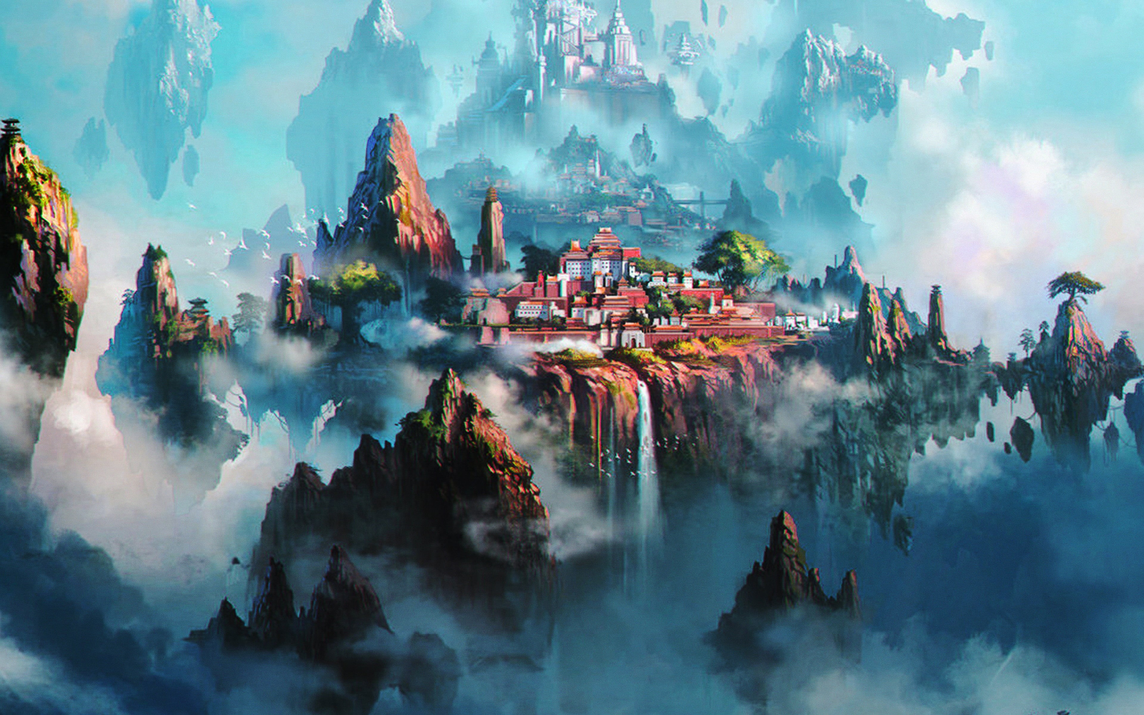 twilight, town, building exterior, water, liang, fantasy, xing, plant, sky, fog, cloud, scenics - nature, building, mountain, travel, art, illustration, HD Wallpaper