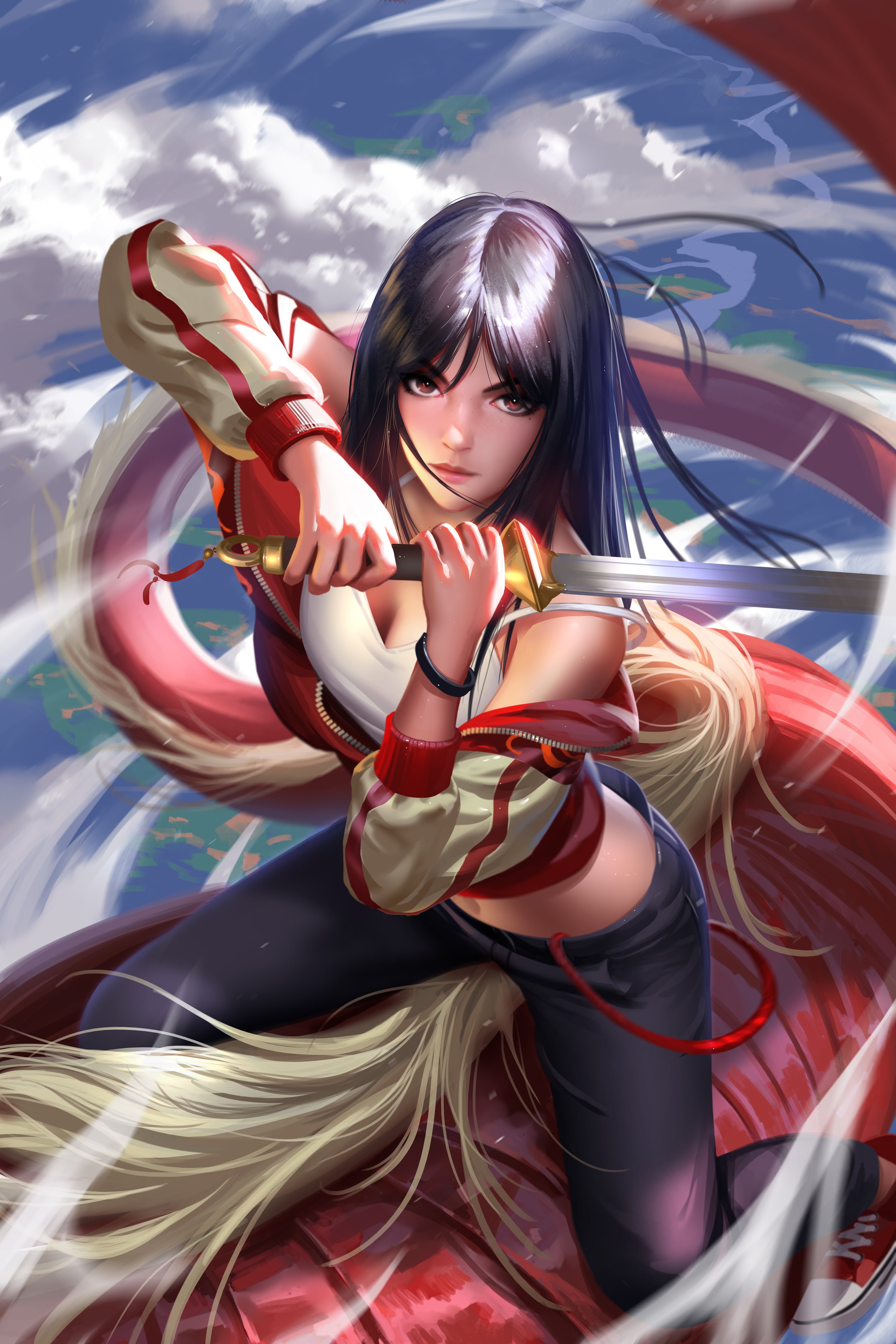fan art, belly, digital art, artwork, weapon, sky, black hair, portrait display, white tops, high angle, sweatshirts, sitting, Converse, drawing, dragon, Phone HD Wallpaper