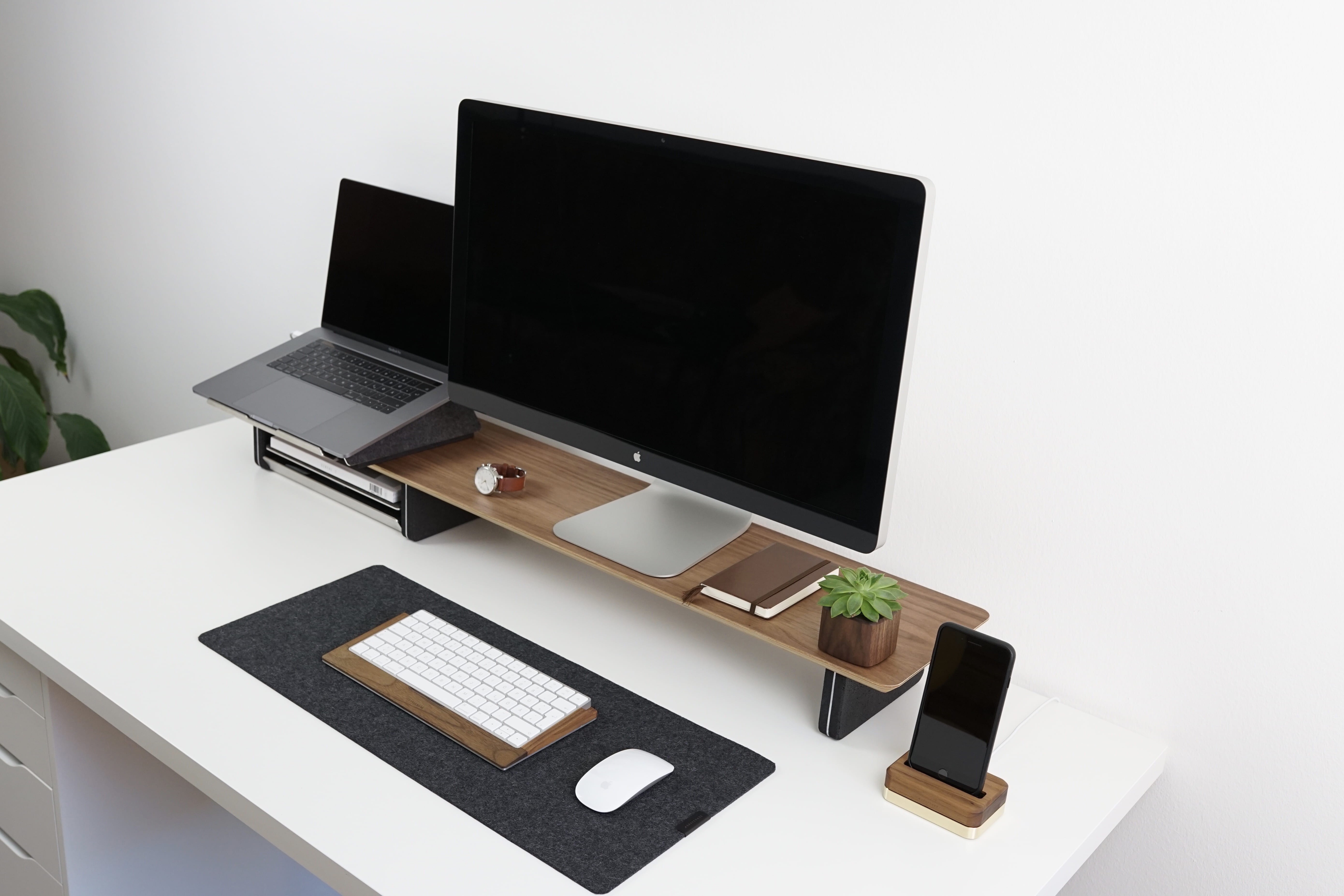 wireless technology, flat, mobile, smart phone, book, communication, tidy, 5K, no people, plant, modern, white, business, table, monitor, black, keyboard, HD Wallpaper