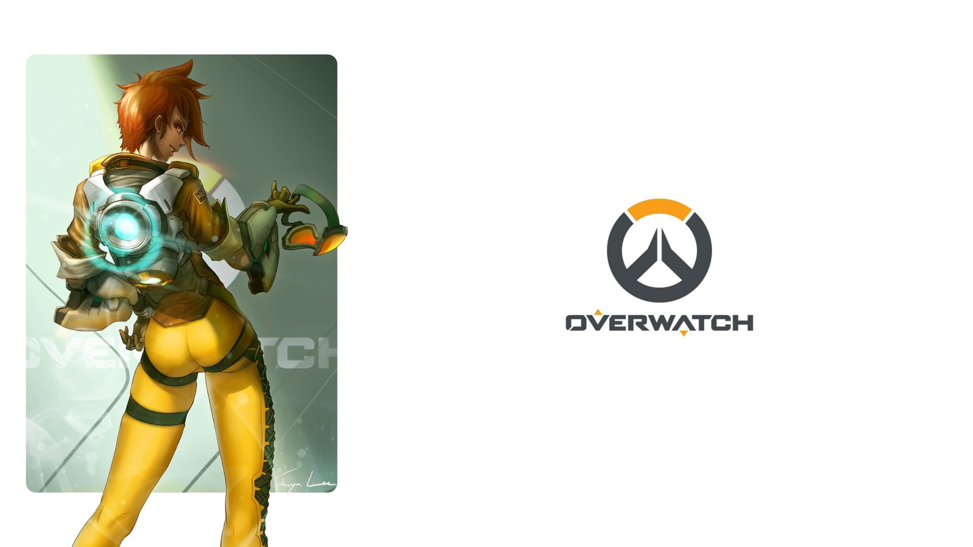 creativity, yellow, 1080P, art and craft, indoors, Overwatch, Tracer (Overwatch), text, male likeness, human representation, white background, western script, HD Wallpaper