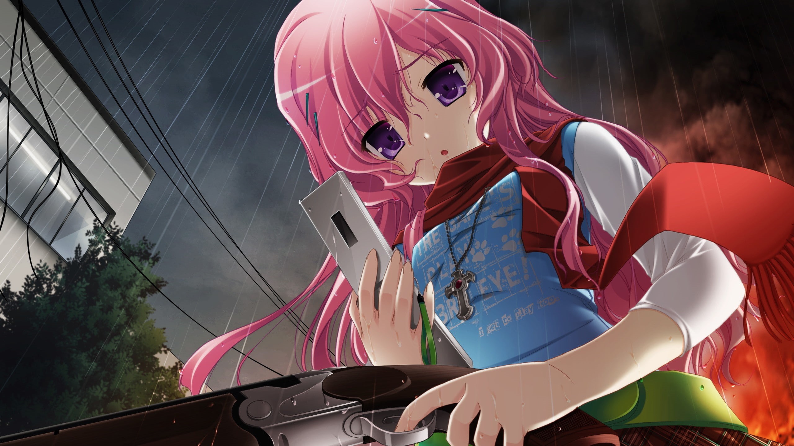 game, rain, purple, girls, hair, eyes, scarf, shin, skyscapes, cross, visual, long, anime, games, cellphones, clouds, 2K, wet, kana, dark, raining, sky, HD Wallpaper