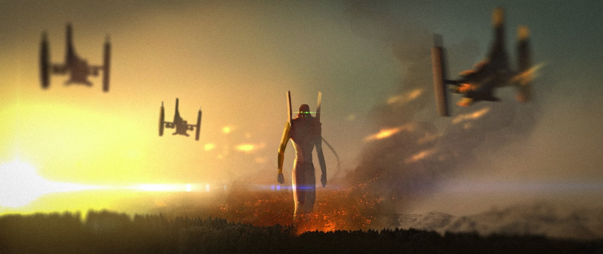 Robot, Sunset, cooperation, motion, air vehicle, occupation, firefighter, athlete, End of Evangelion, 1080P, night, nature, weapon, fire - natural phenomenon, HD Wallpaper