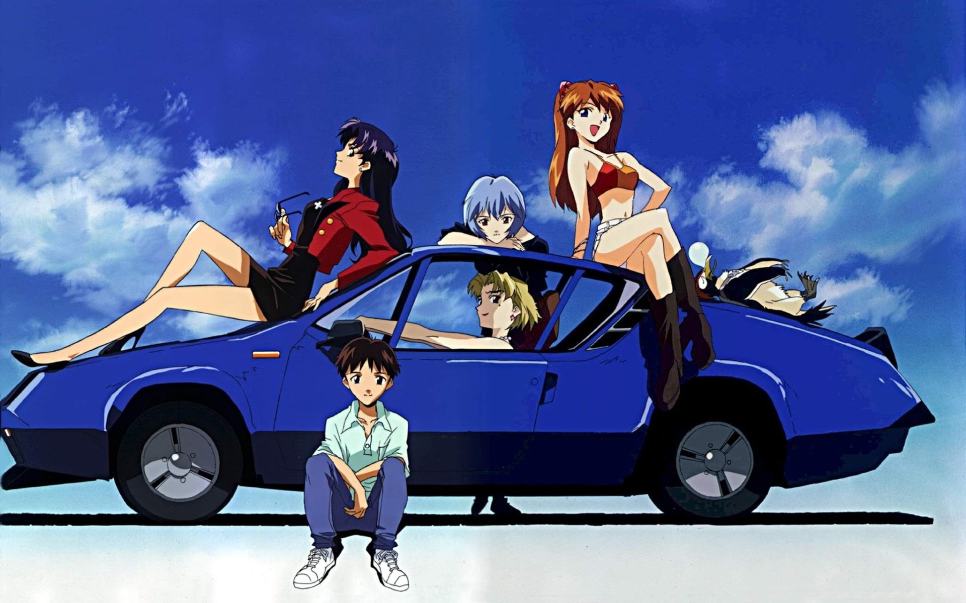 childhood, Neon Genesis Evangelion, Ritsuko Akagi, sky, sister, boys, Rei Ayanami, car, people, Asuka Langley Sohryu, full length, males, women, family, HD Wallpaper