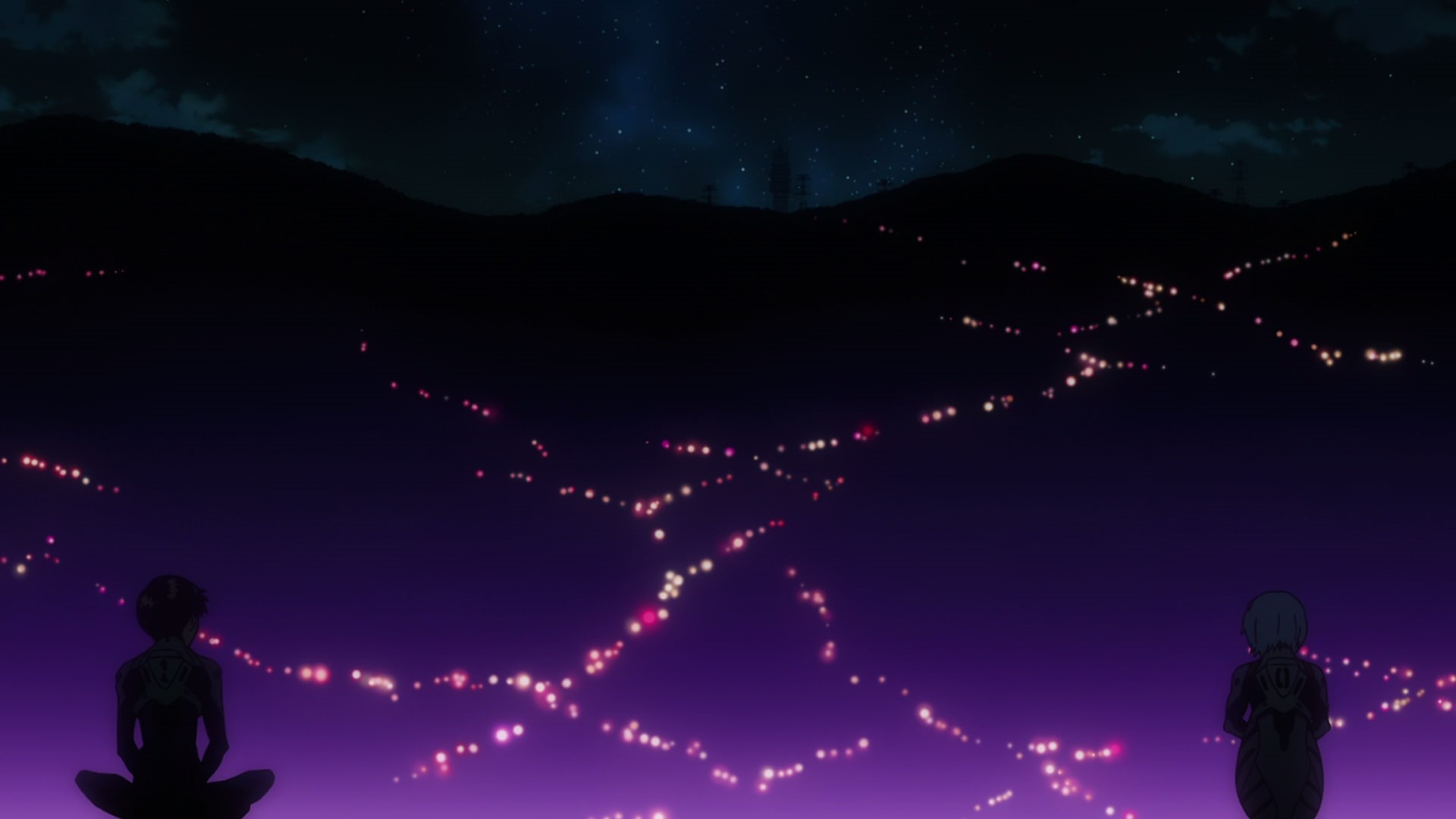 leisure activity, space, rear view, night, mountain, nature, men, mountain range, illuminated, Ayanami Rei, 1080P, Ikari Shinji, sky, scenics - nature, HD Wallpaper