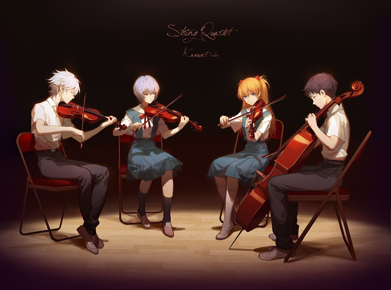 720P, violin, Neon Genesis Evangelion, Ayanami Rei, musical instrument, Asuka Langley Soryu, Ikari Shinji, anime boys, anime girls, sitting, Nagisa Kaworu, HD Wallpaper