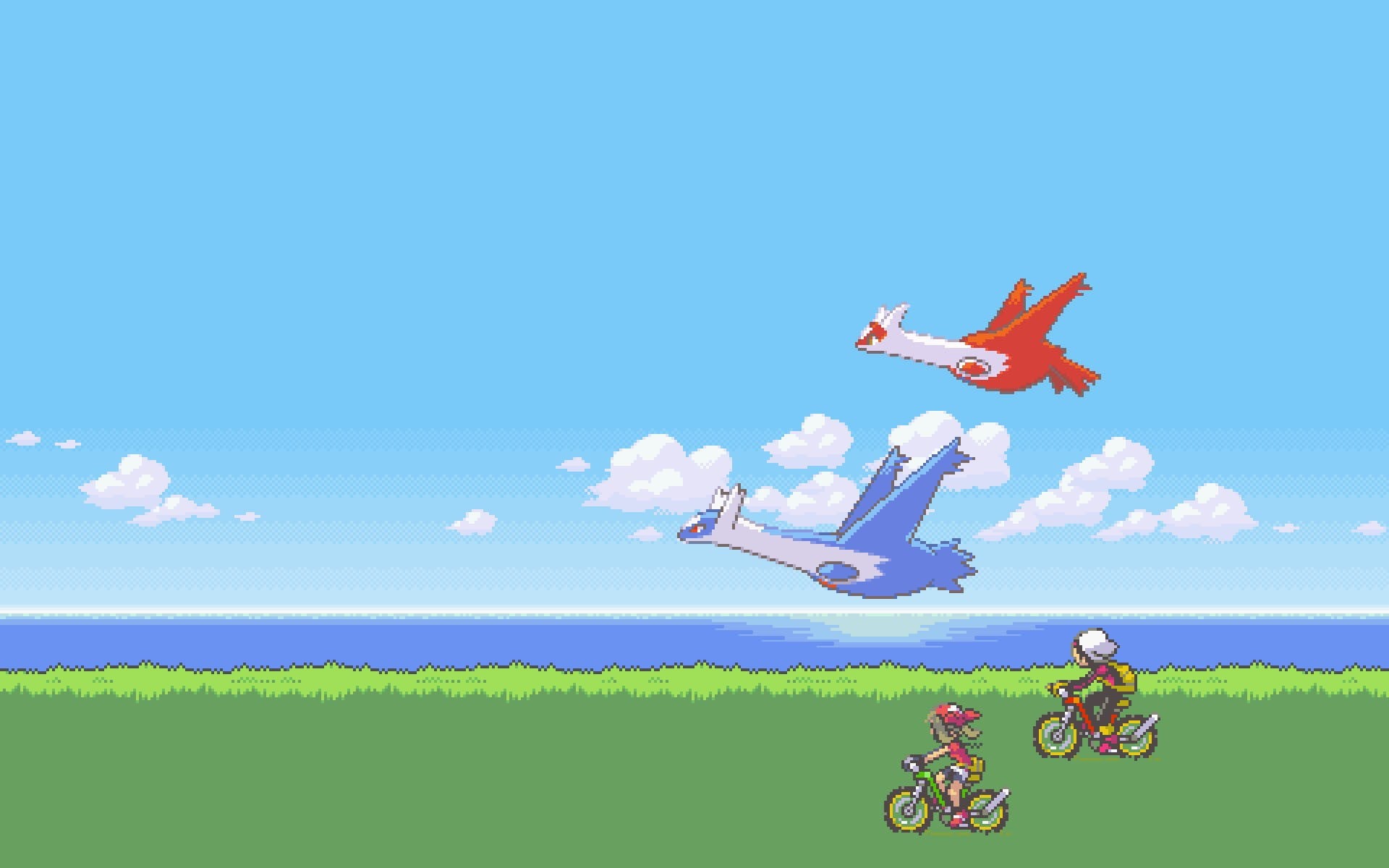 child, transportation, mid-air, flying, plant, outdoors, blue, video games, air vehicle, field, mode of transportation, green color, nature, Latios, bicycle, HD Wallpaper