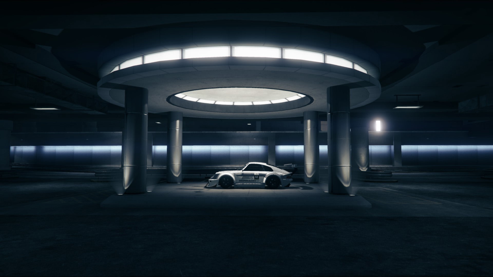 built structure, fluorescent light, 1080P, city, no people, parking garage, lighting equipment, Porsche, land vehicle, architectural column, indoors, car, HD Wallpaper