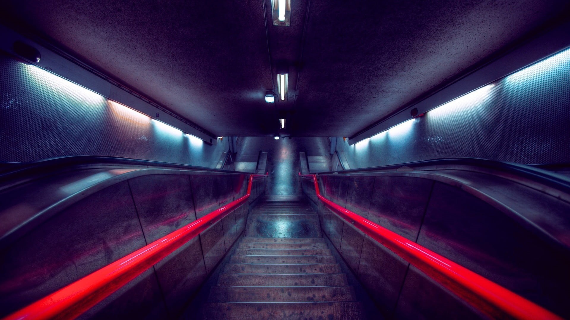 transportation, the way forward, modern, red, long, empty, architecture, direction, vanishing point, lighting equipment, railing, built structure, light, HD Wallpaper