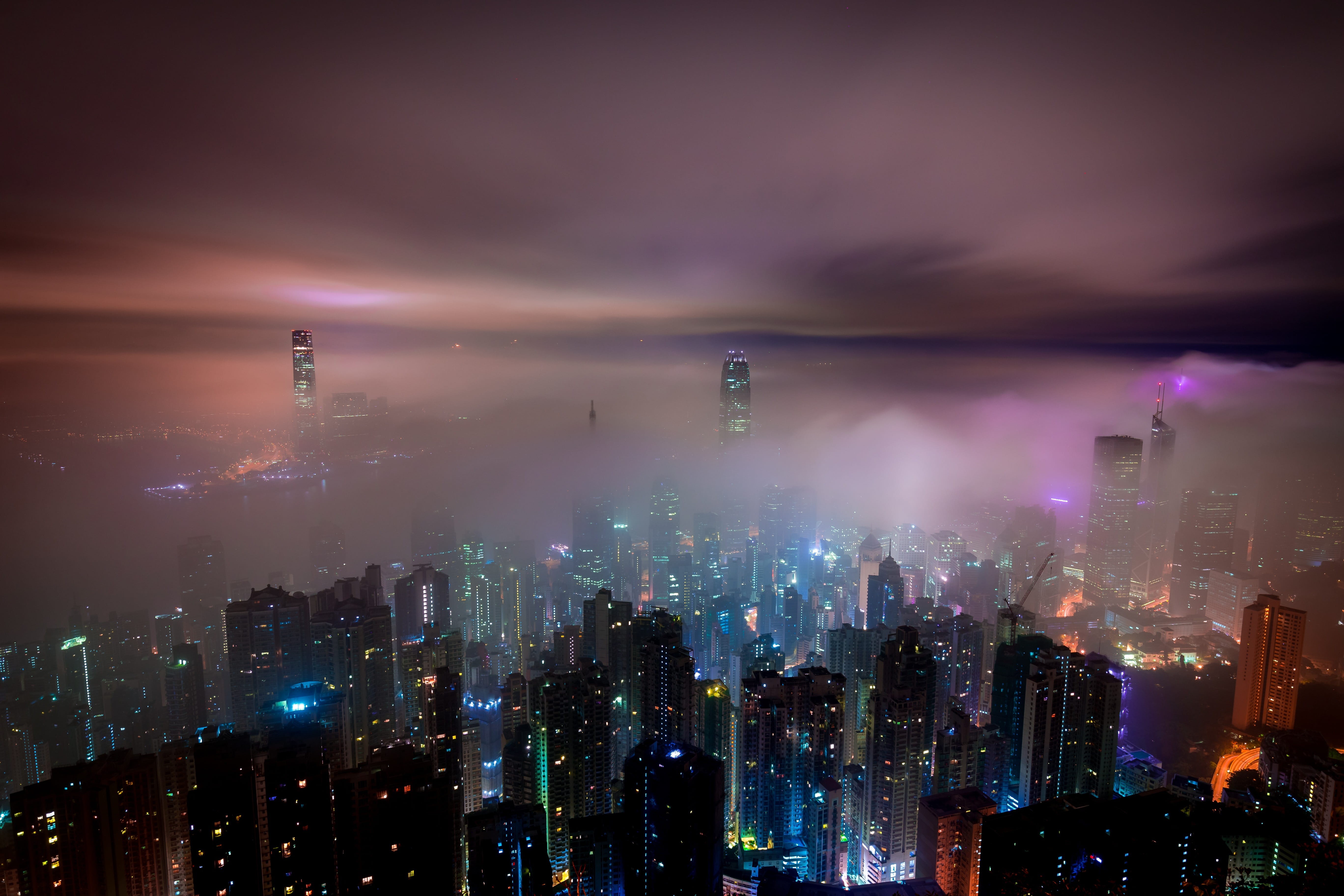 built structure, 5K, building, aerial photo, night, financial district, nighttime, travel destinations, tall - high, smoke - physical structure, office building exterior, HD Wallpaper