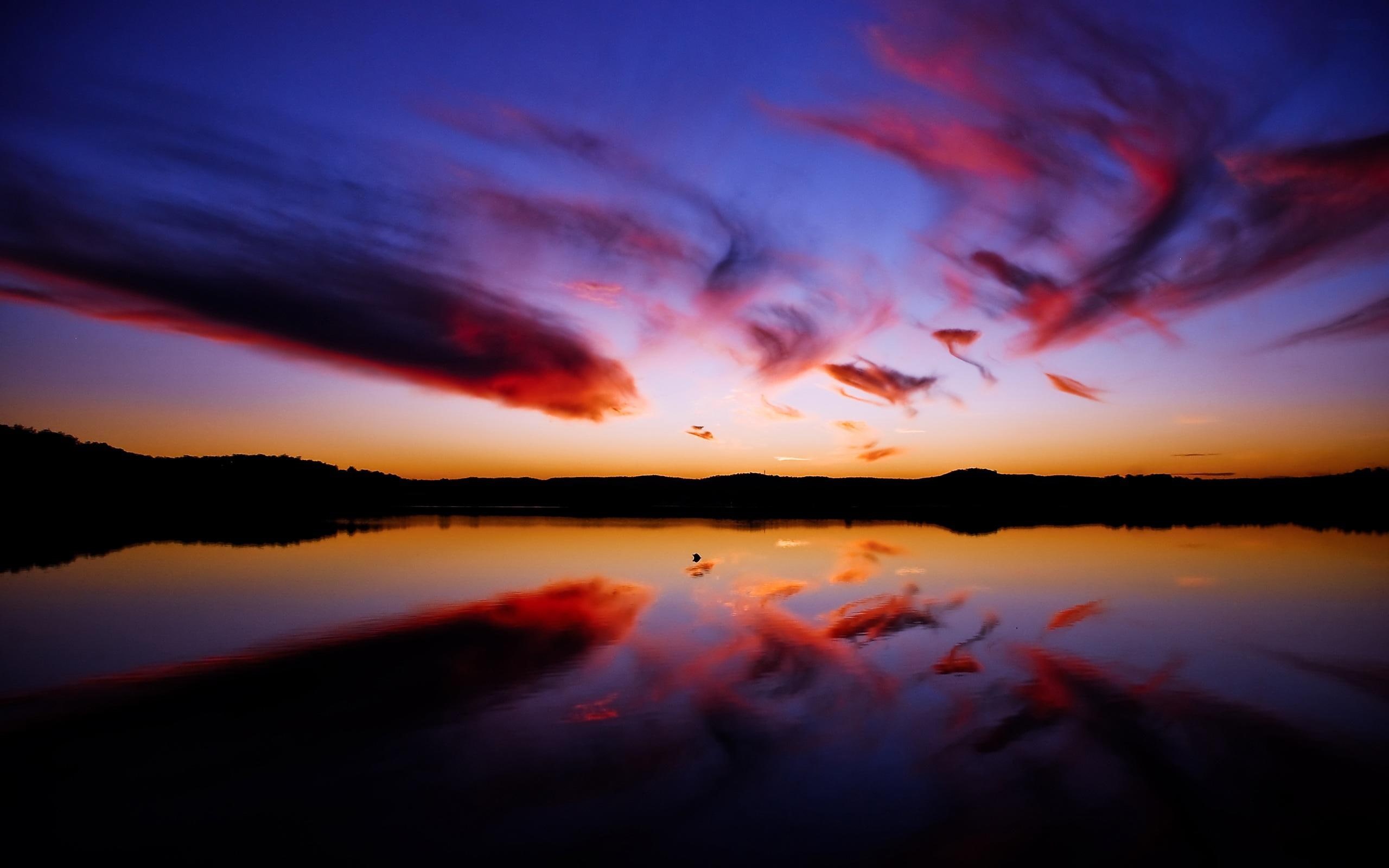 river, 3d and abstract, 2K, night, beautiful, late, reflection, sunset, view, orange sky, color, HD Wallpaper
