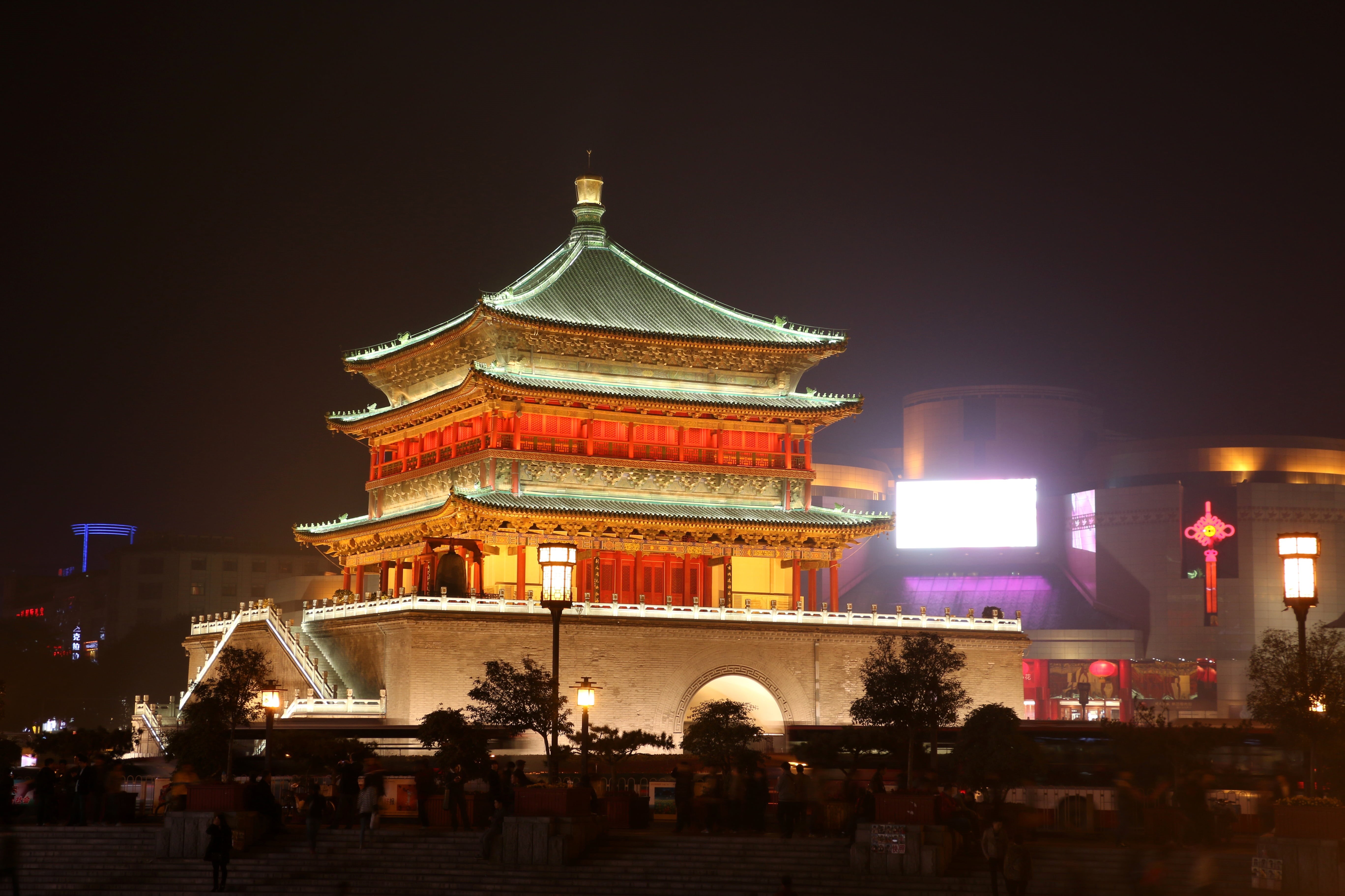 east Asian Culture, illuminated, 5K, china, travel, building exterior, city, chinese Culture, late, sky, architecture, lights, cultures, night, group of people, HD Wallpaper
