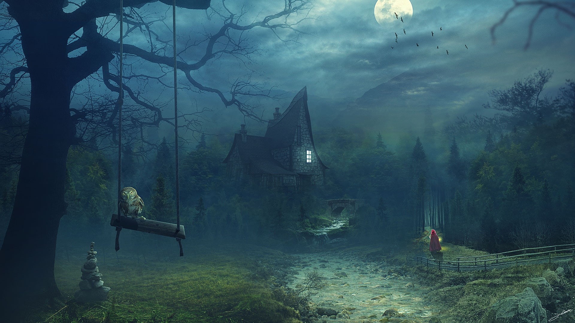girl in a red cloak, fairy forest, bats, owl, house, night, 1080P, the moon, HD Wallpaper