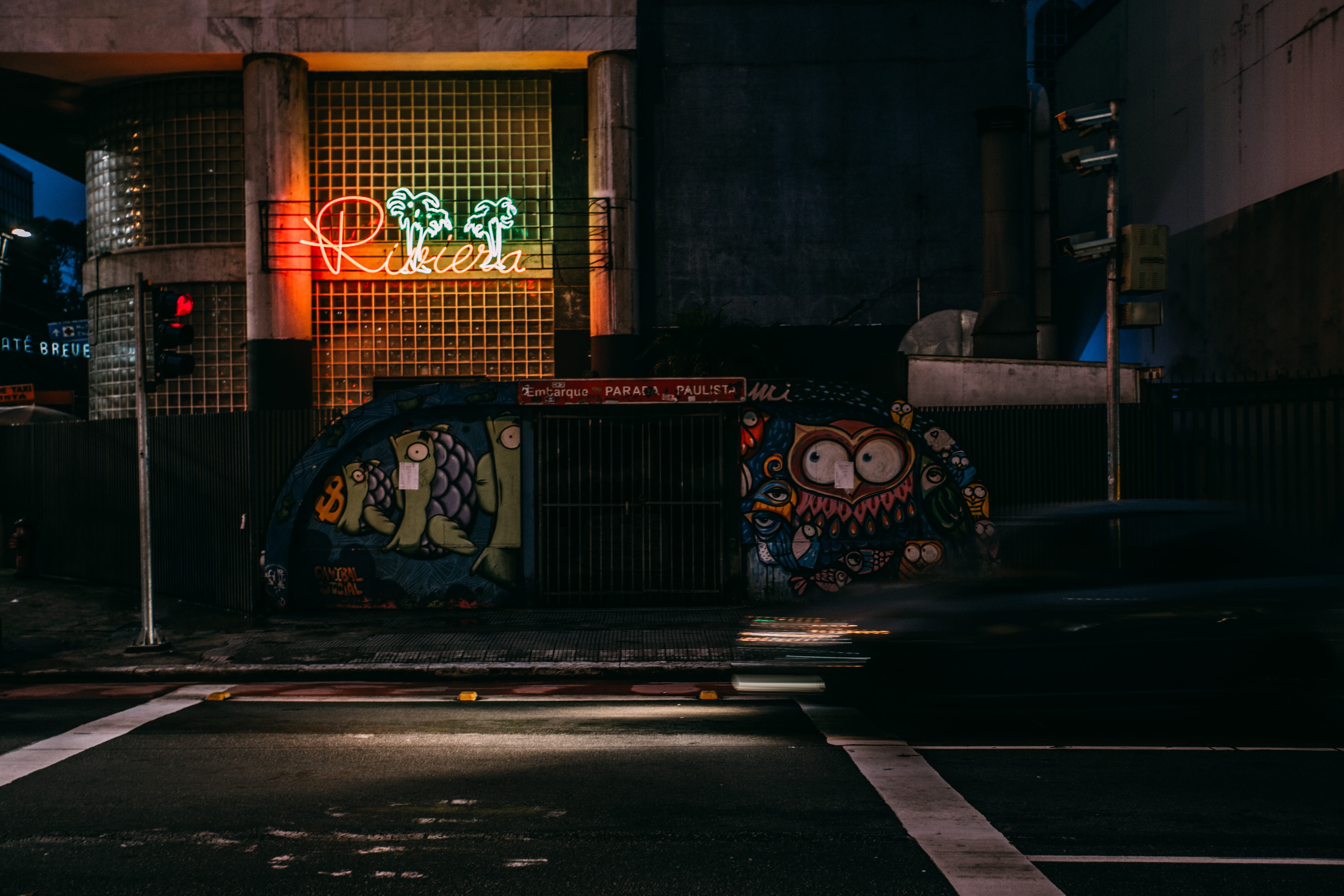 store, illuminated, architecture, motion, road, building exterior, no people, corner, transportation, building, graffiti, dark, night, symbol, city, communication, HD Wallpaper