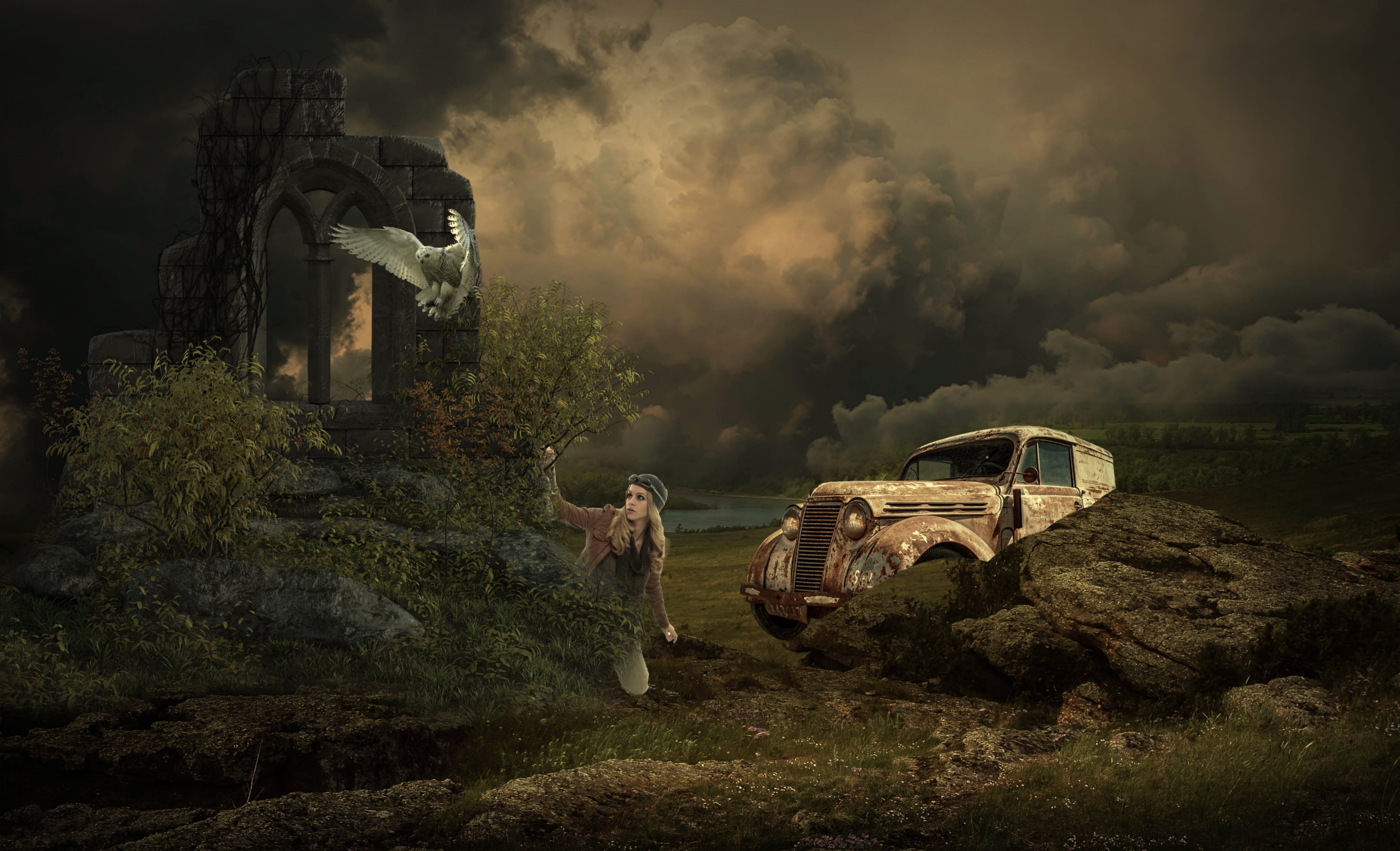 machinery, environment, sky, men, smoke - physical structure, nature, 4K, motor vehicle, tree, ruined, land, gloomy, transportation, cloud - sky, magic, HD Wallpaper