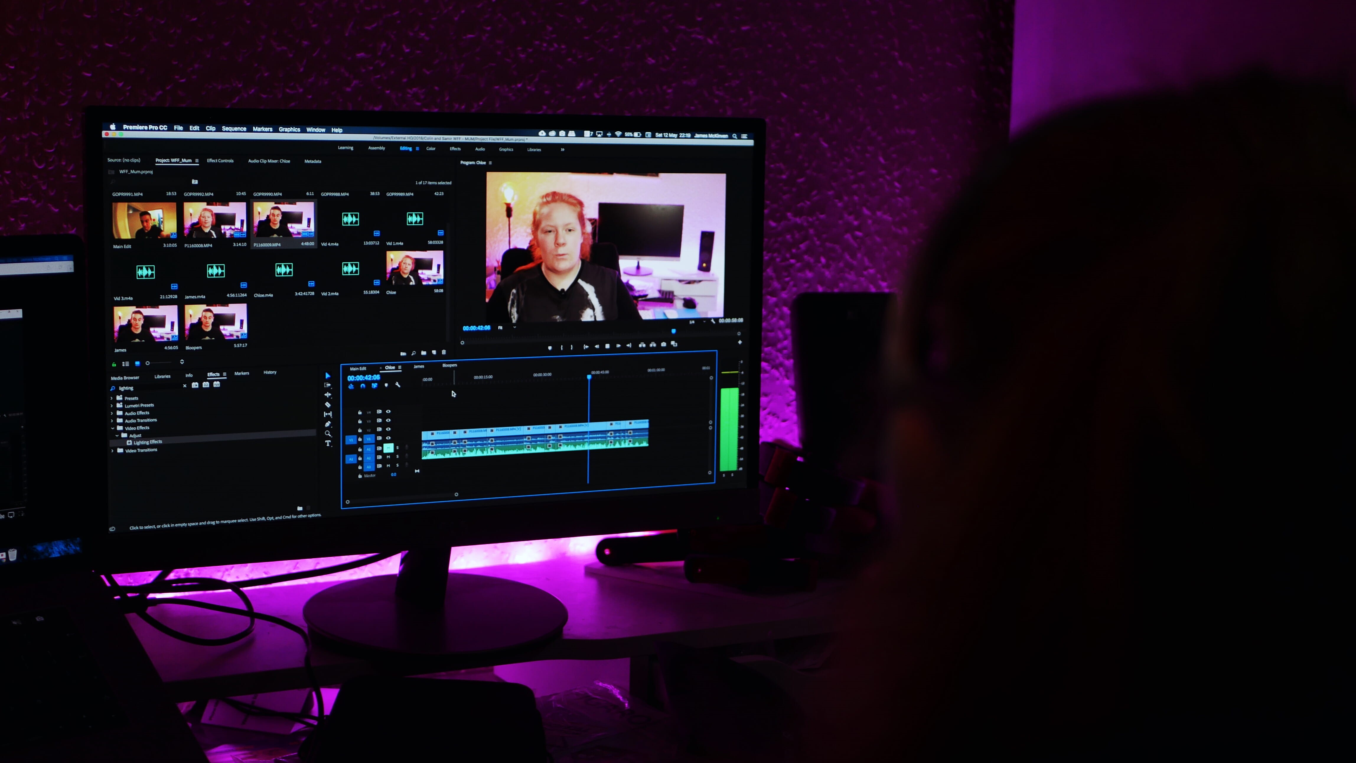 video, adult, control, adobe, rear view, 4K, over the shoulder view, united kingdom, occupation, videographer, editing video, gradient, office setup, phillips hue, HD Wallpaper