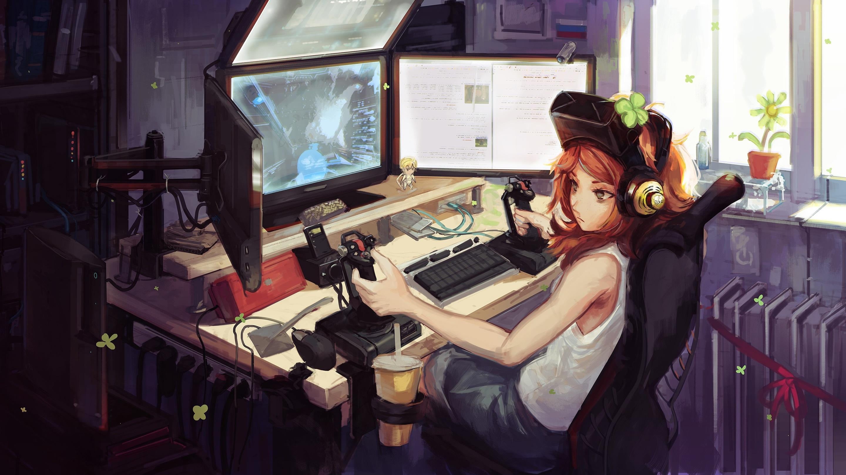 fan art, white t-shirt, redhead, anime girls, digital painting, digital art, artwork, gaming setup, 2K, video game art, HD Wallpaper