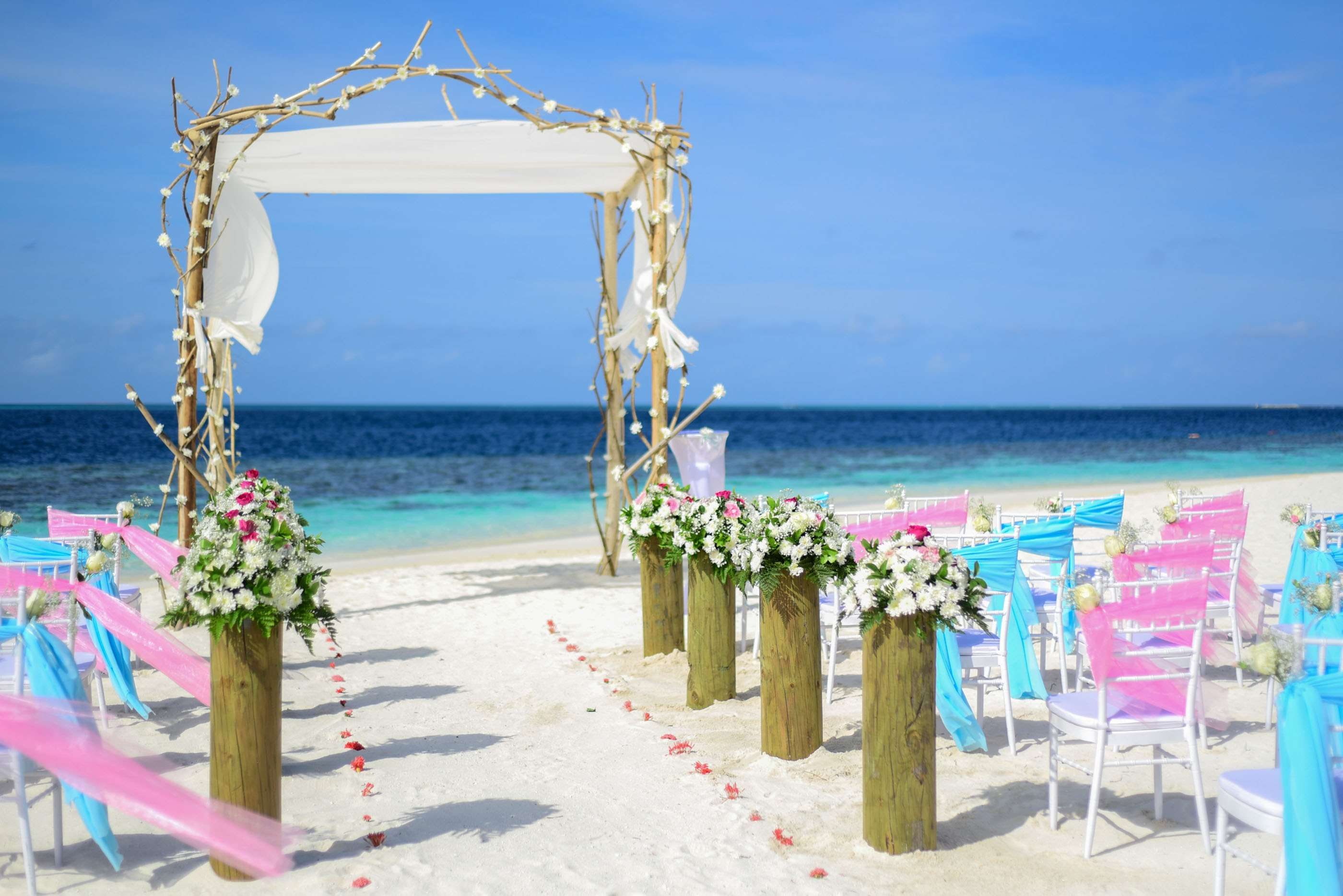 beach, tranquil scene, chairs, horizon over water, decoration, island, sea, outdoors, sand, sunny, seashore, day, plant, flowering plant, no people, seascape, HD Wallpaper