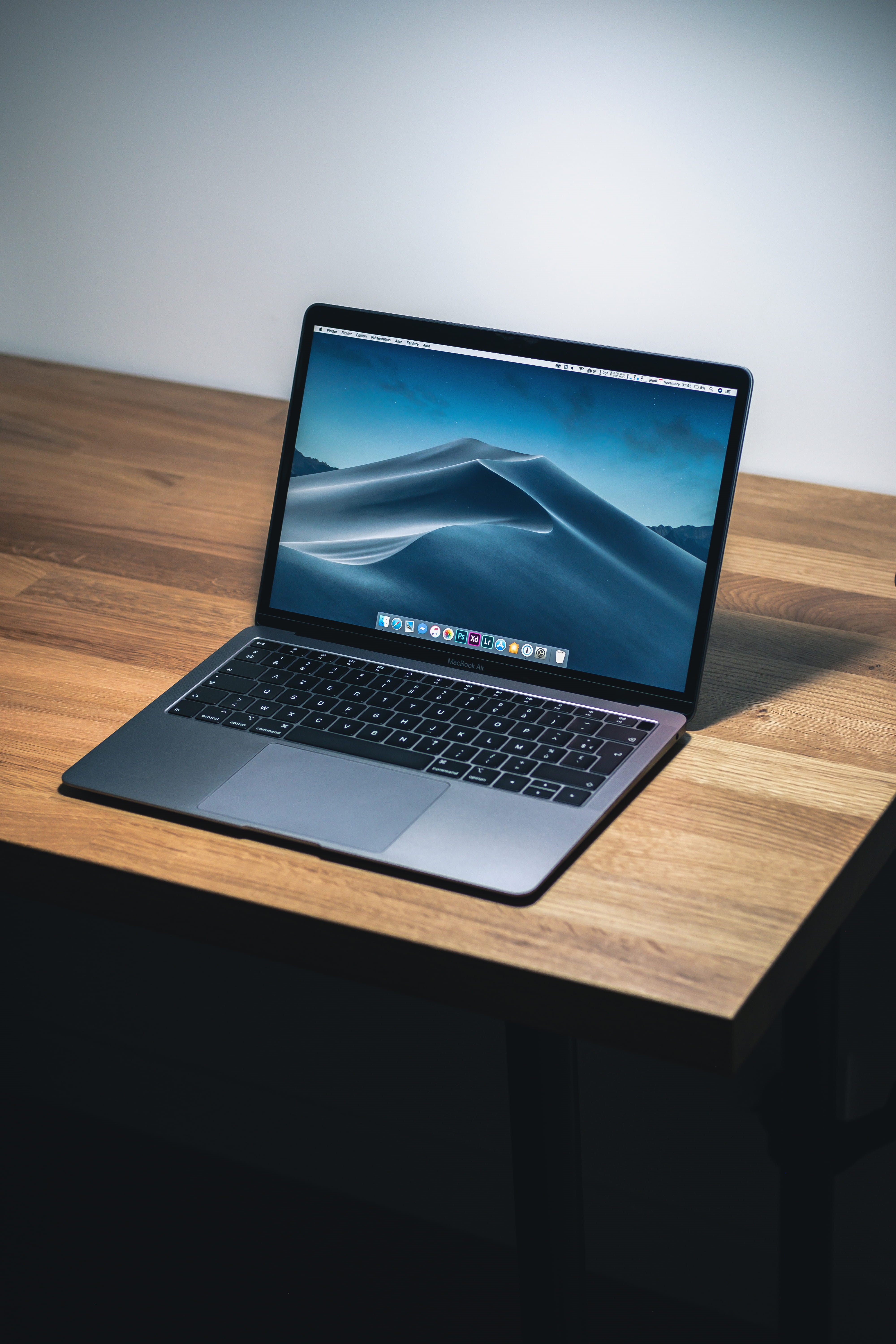 wood, pc, pro, macbook air, screen, internet, computer, ikea, background, high angle view, mac, table, 5K, communication, ordinateur, device screen, Phone HD Wallpaper