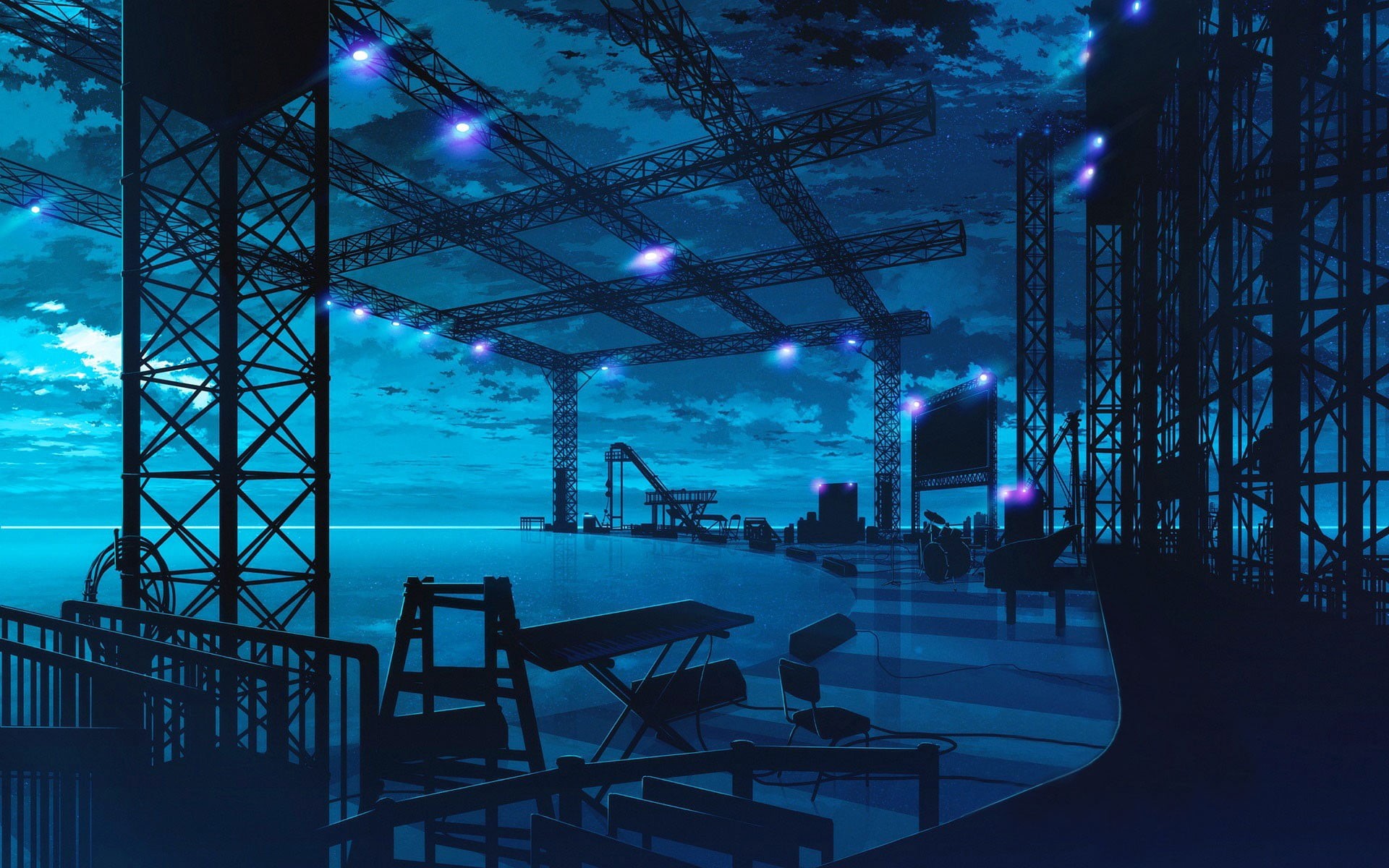 cloudy, stage, setup, seat, city, lighting equipment, tree, dusk, no people, illuminated, indoors, water, architecture, concert, sky, blue, 1080P, chair, HD Wallpaper