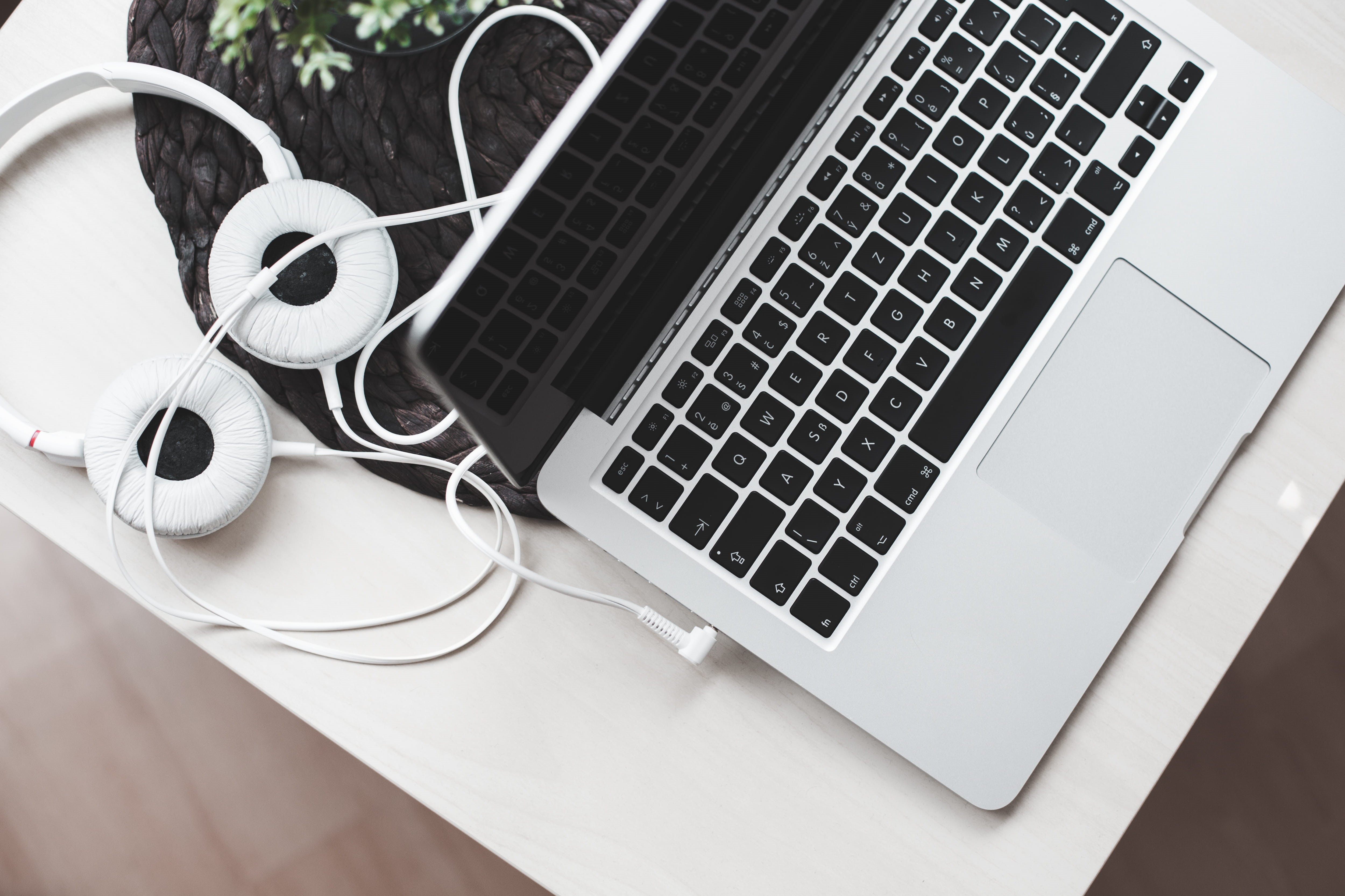 no people, white, computer equipment, technology, computer keyboard, top, table, 4K, computer, wireless technology, macbook pro, headphones, bed, communication, HD Wallpaper