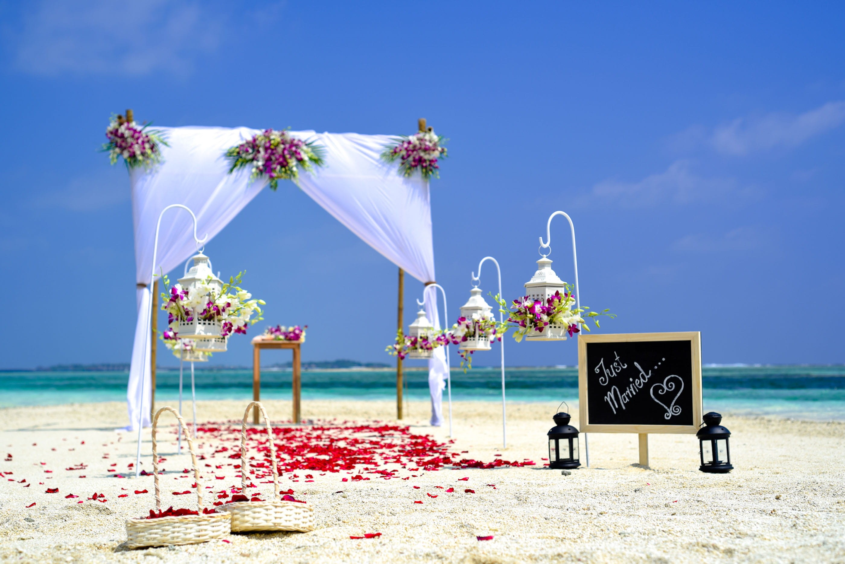 beach, blue, land, horizon, plant, horizon over water, basket, nature, bouquet, seat, day, absence, ocean, set, no people, flowering plant, sand, Wedding Setup, HD Wallpaper