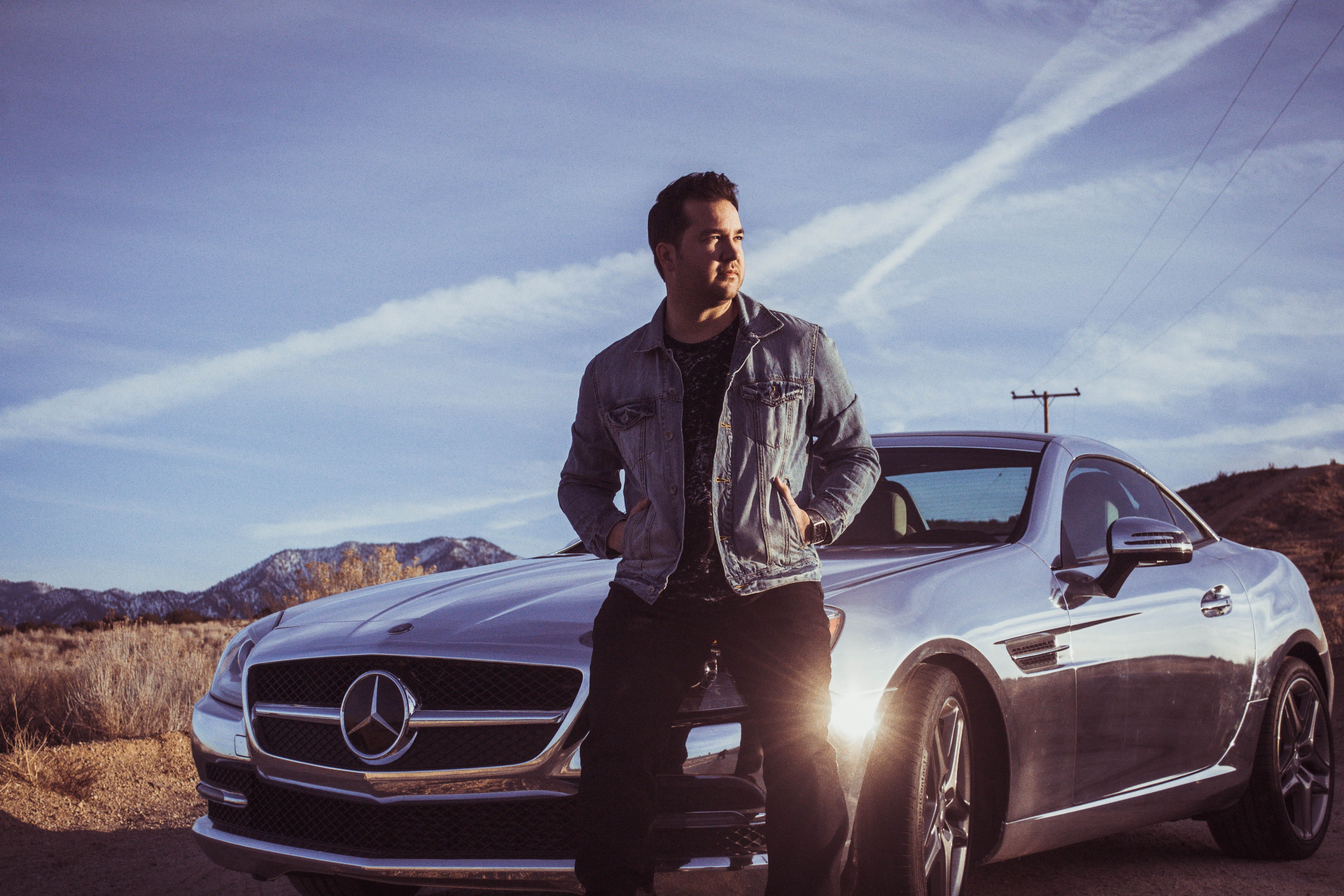 sky, hood, adult, casual clothing, mode of transportation, mercedes benz, men, one person, jean, front view, road trip, land vehicle, s, leisure activity, HD Wallpaper