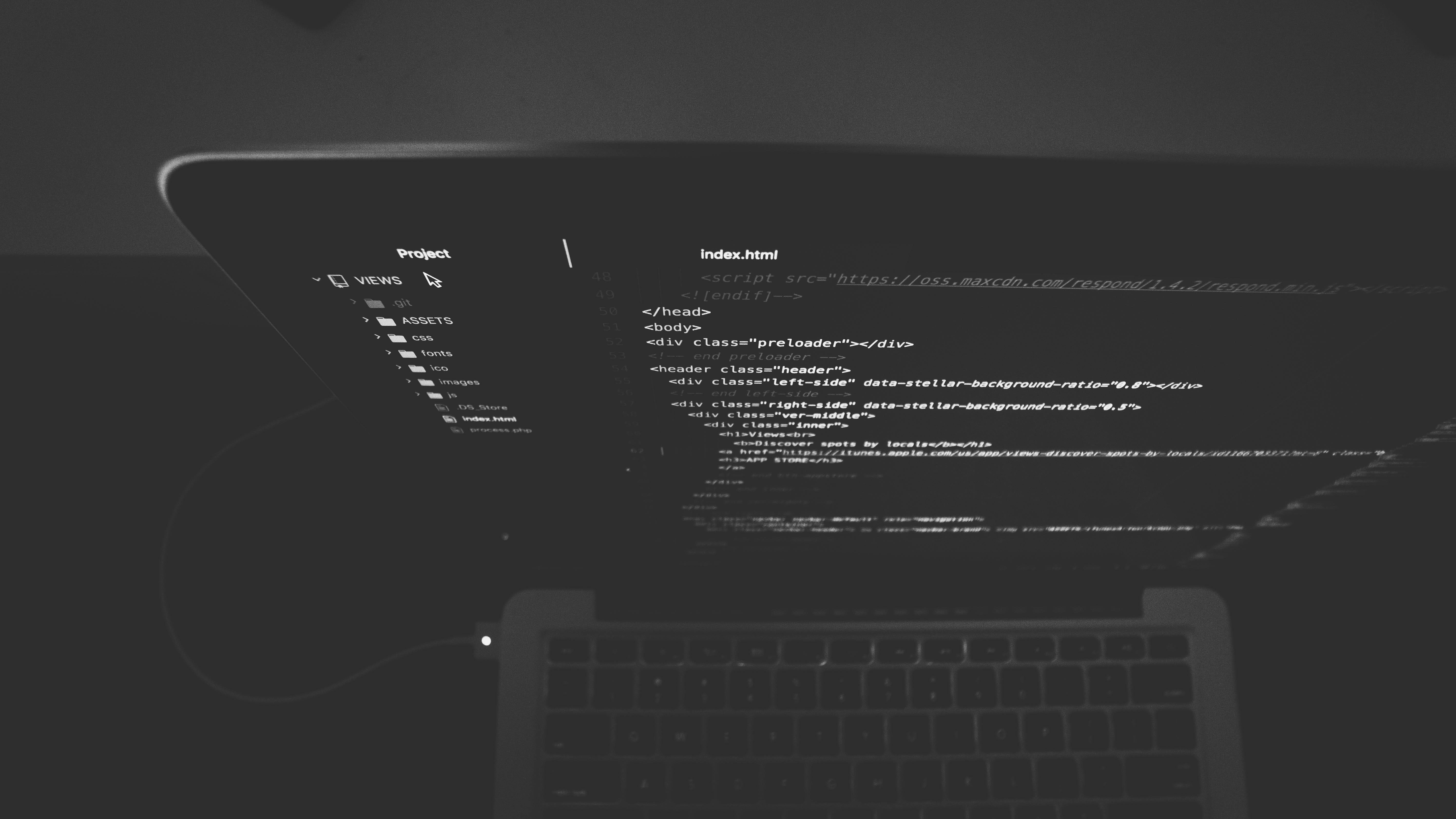 macbook, western script, indoors, high angle view, dark, data, computer keyboard, technology, computer, code, black and white, close-up, connection, pro, HD Wallpaper