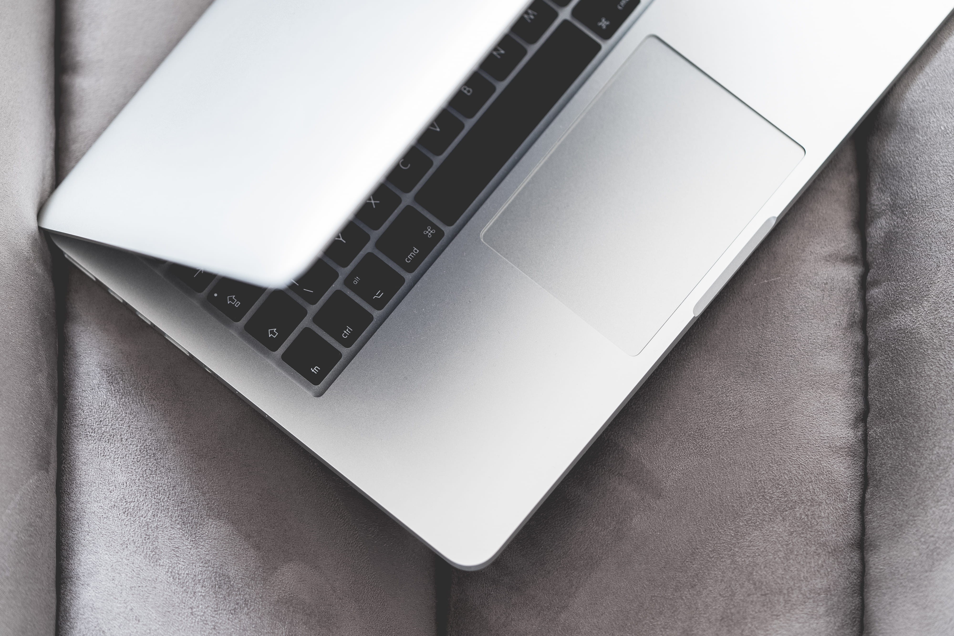 Macbook, directly above, half, wireless Technology, keyboard, top, communication, computer Keyboard, mobile phone, Laptop, Sofa, high angle view, portable information device, HD Wallpaper