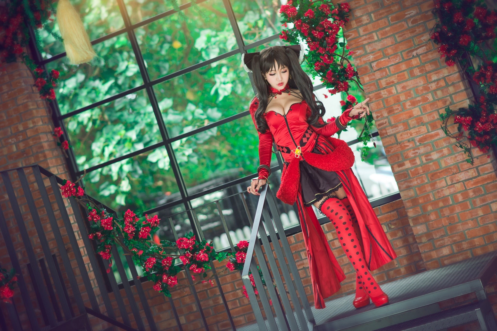 girl, cutie, Asian, flowers, railings, background, hands, red, stockings, neckline, bangs, chest, outfit, hair, costume, window, the room, 1080P, bow, HD Wallpaper