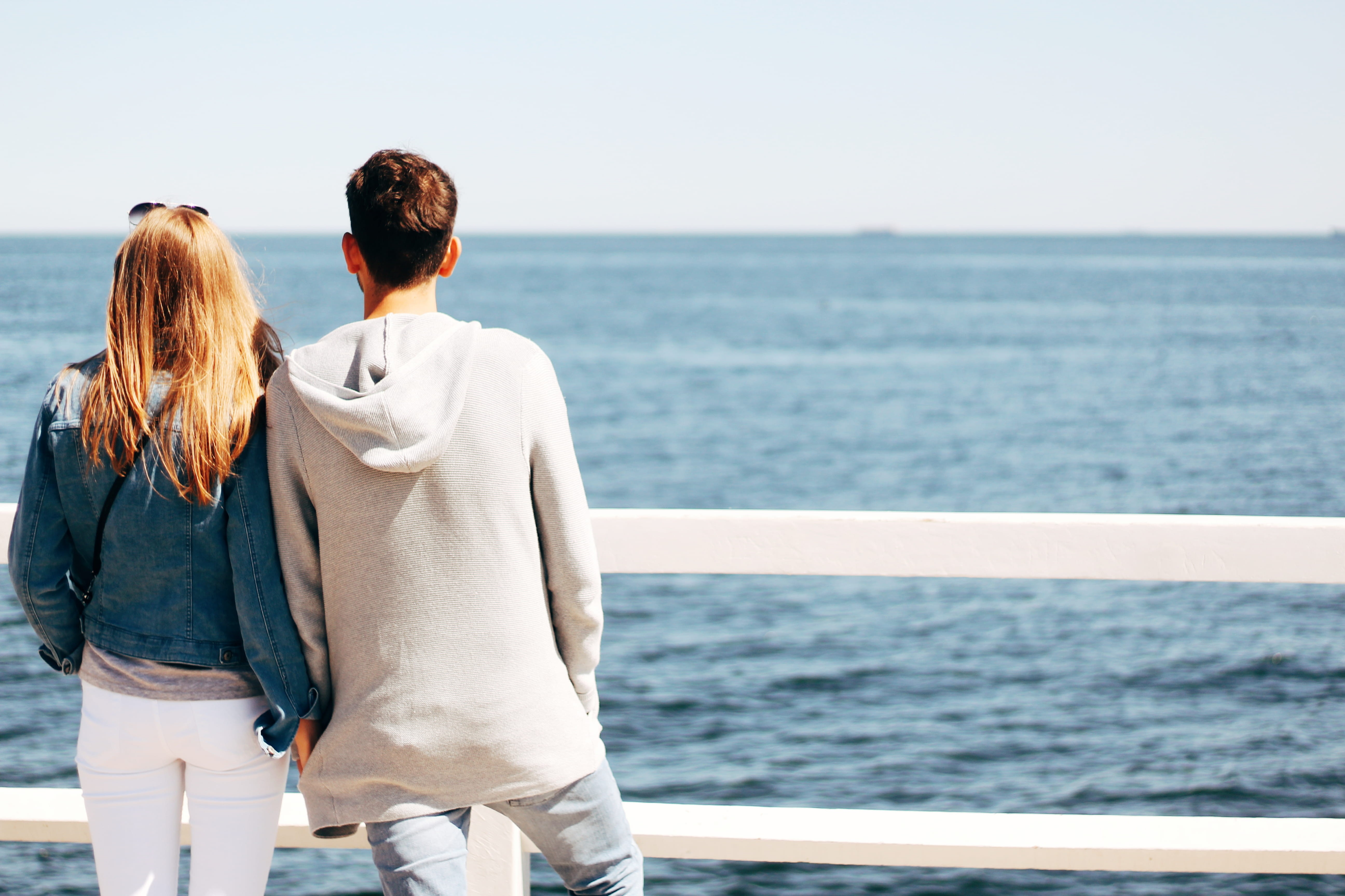 wooden, 5K, sea, woman, beautiful, outdoors, horizon over water, relaxation, couple - relationship, romance, lifestyles, beside, casual clothing, seashore, HD Wallpaper