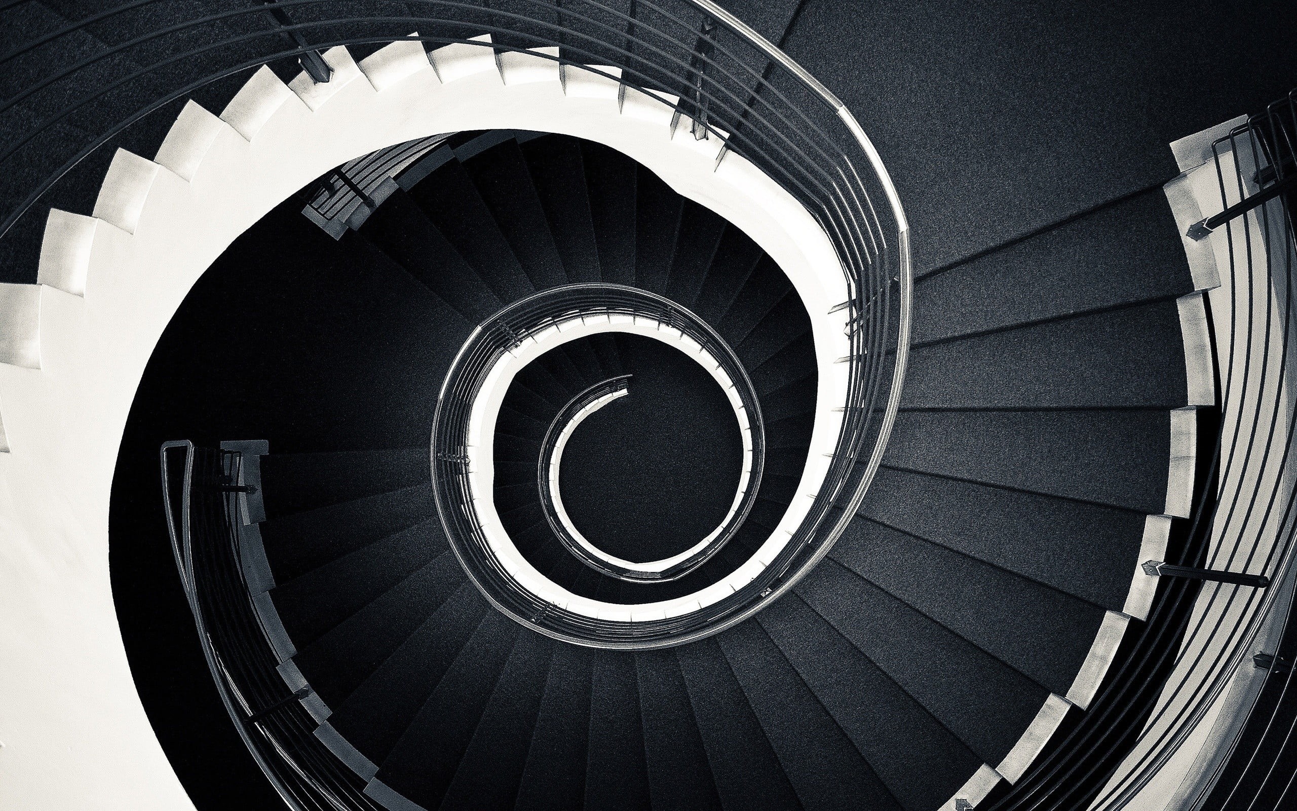 steel, shape, diminishing perspective, black, indoors, spiral, design, railing, directly below, architecture, stairs, no people, white, day, directly above, HD Wallpaper