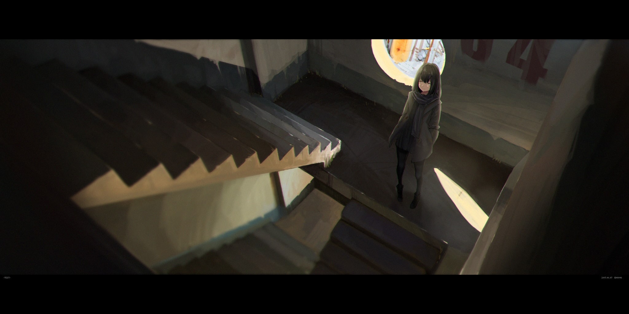 building, anime girls, dark, stairway, 1080P, anime, HD Wallpaper