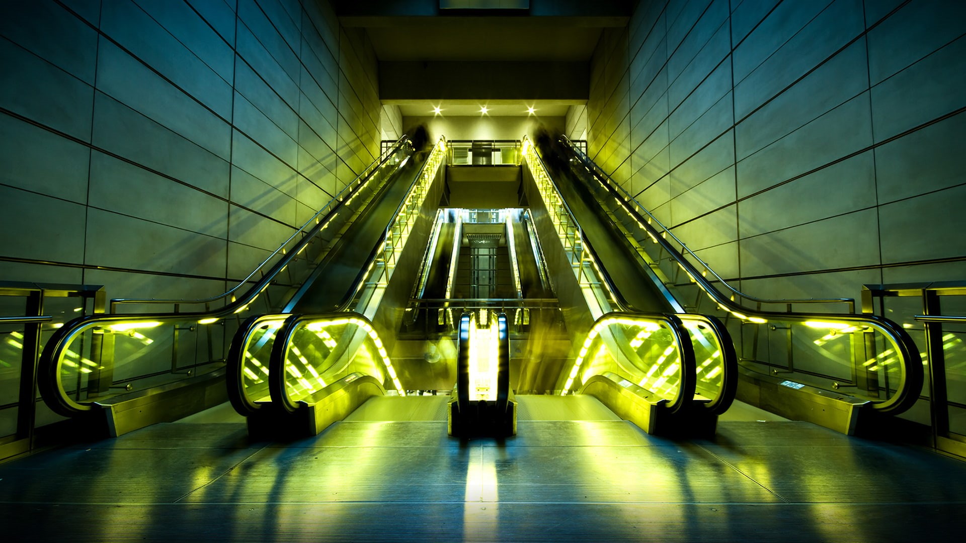 moving walkway, staircase, yellow, stairway, escalator, illuminated, mode of transportation, indoors, railing, transportation, no people, lights, absence, HD Wallpaper