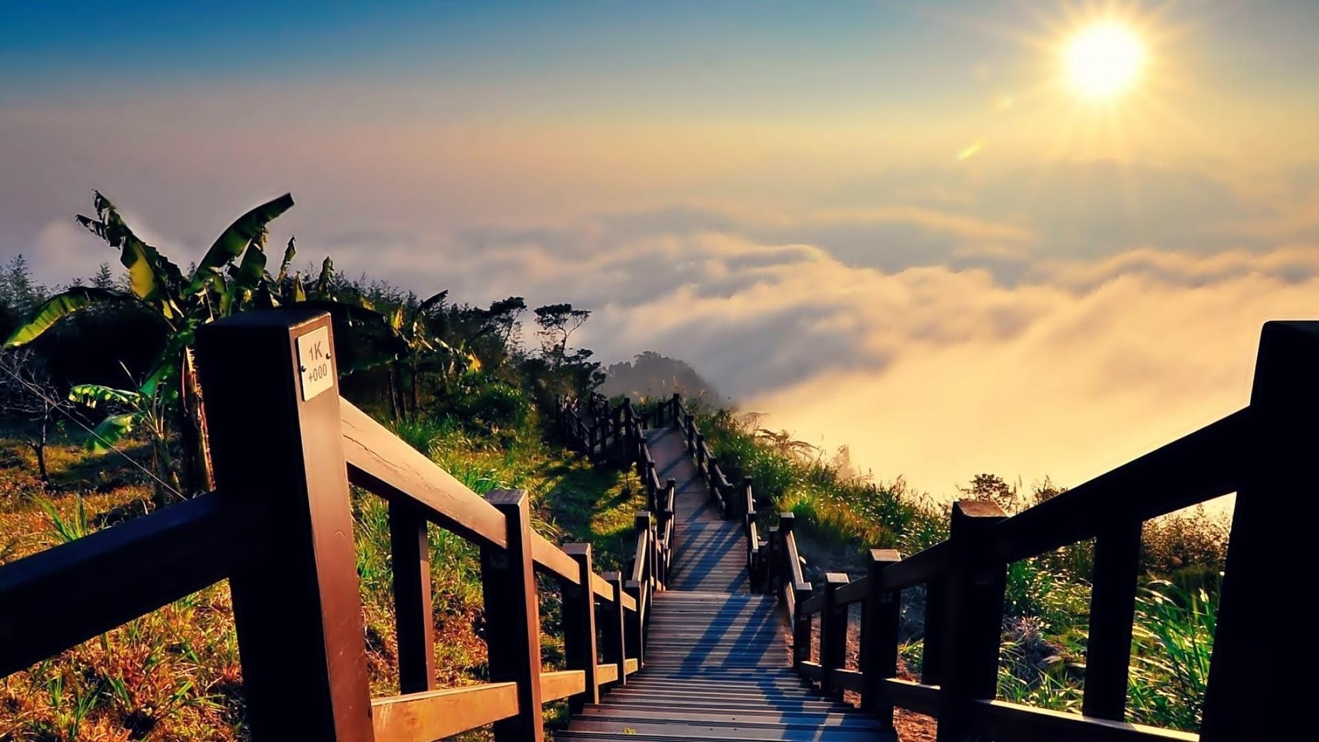 sunlight, clouds, sky, plant, 1080P, heaven, sunrise, national park, yushan national park, dawn, cloud, wooden, taiwan, sun, landscape, stairs, mountain, HD Wallpaper