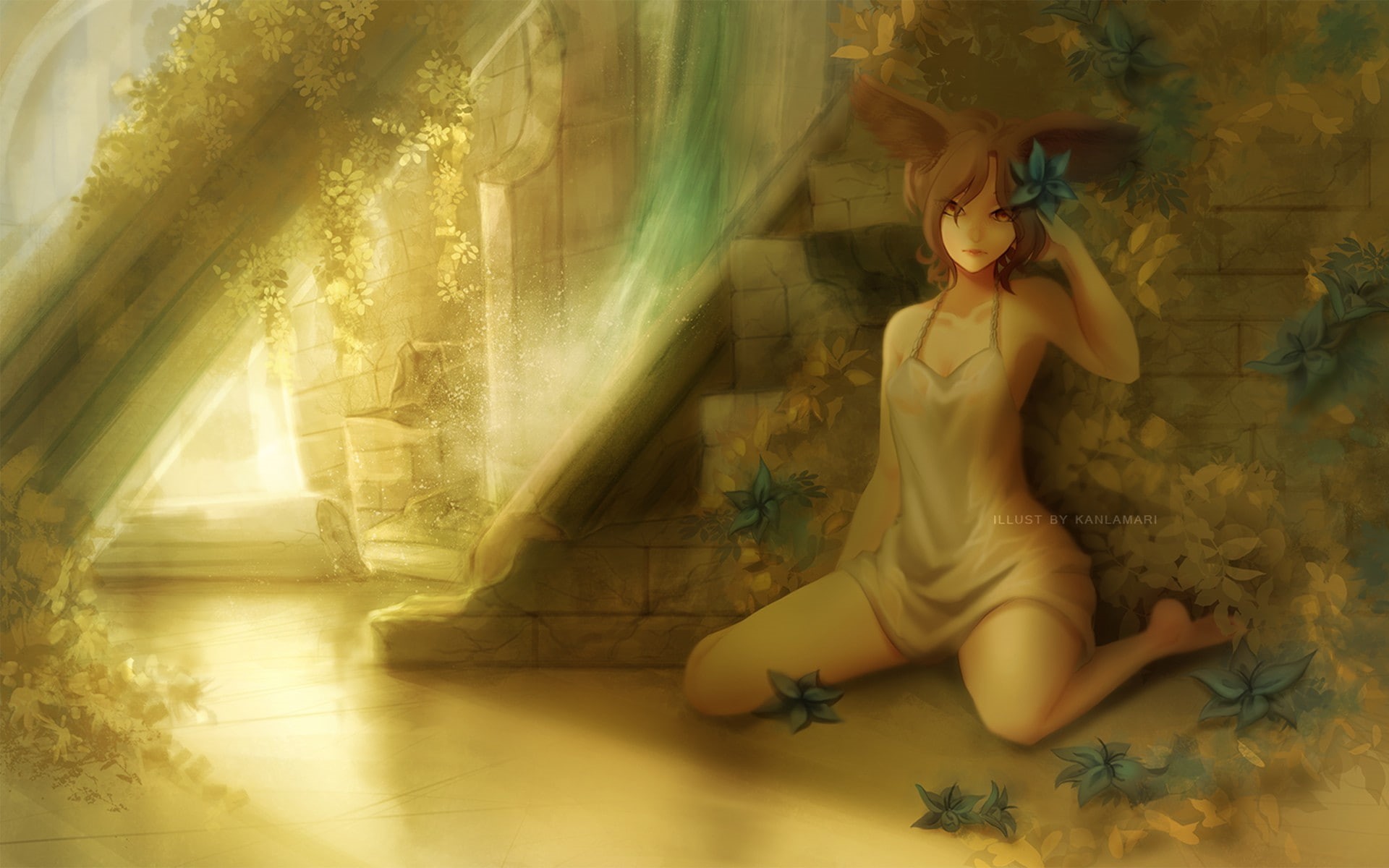 looking at viewer, 1080P, original characters, stairway, redhead, white dress, HD Wallpaper