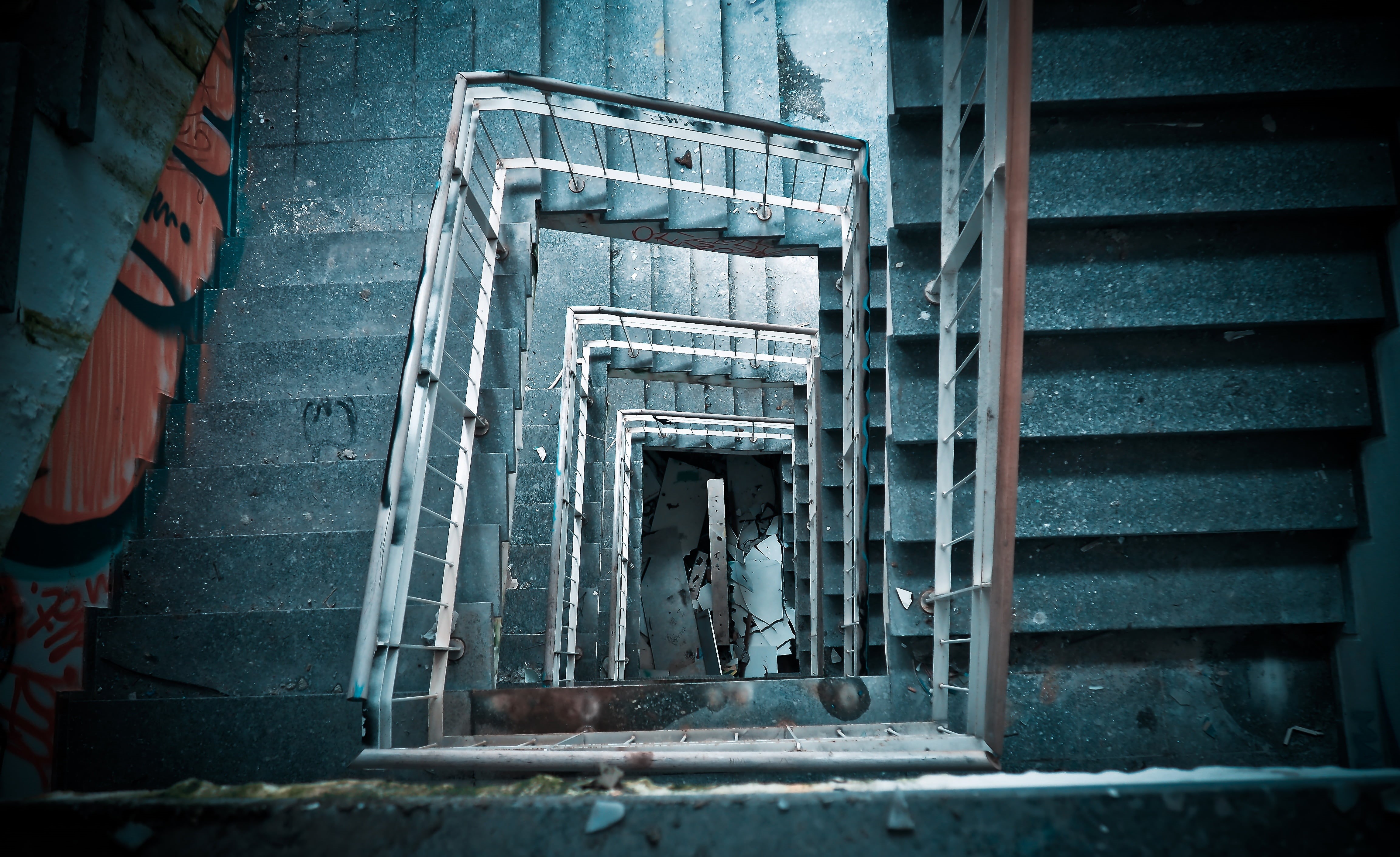 graffiti, old, ruin, 4K, architecture, forget, railing, lost places, grey, staircase, door, leave, pforphoto, old factory, directly above, break up, transient, HD Wallpaper