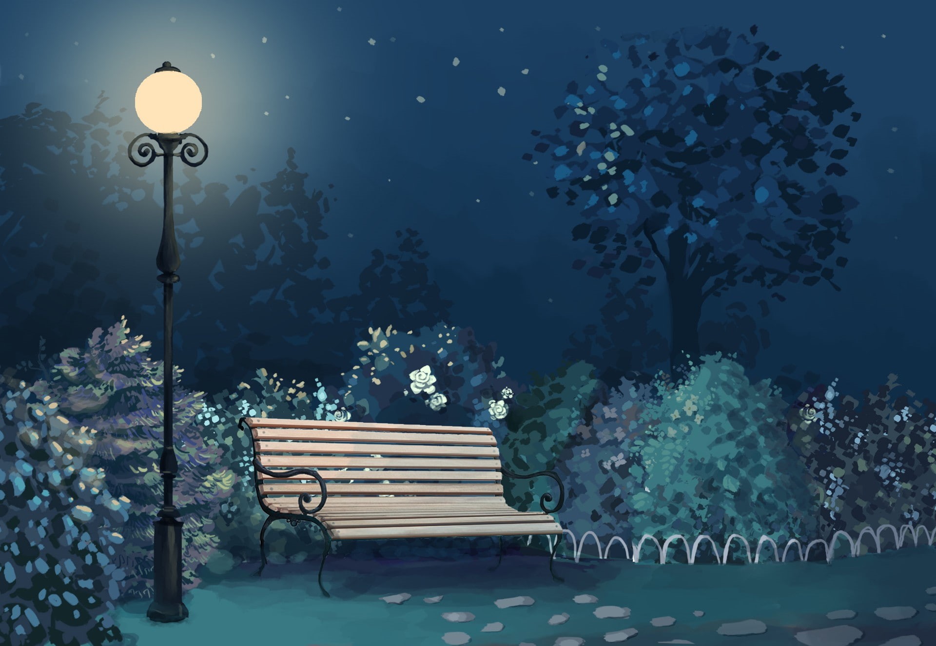 1080P, park, lantern, bench, artwork, HD Wallpaper
