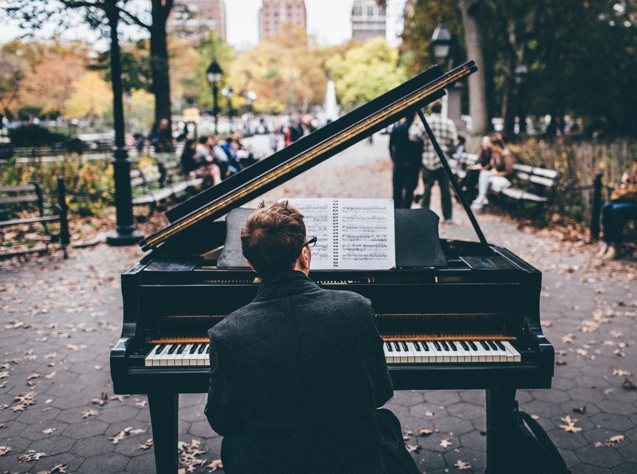 men, park, bench, piano, 1080P, HD Wallpaper