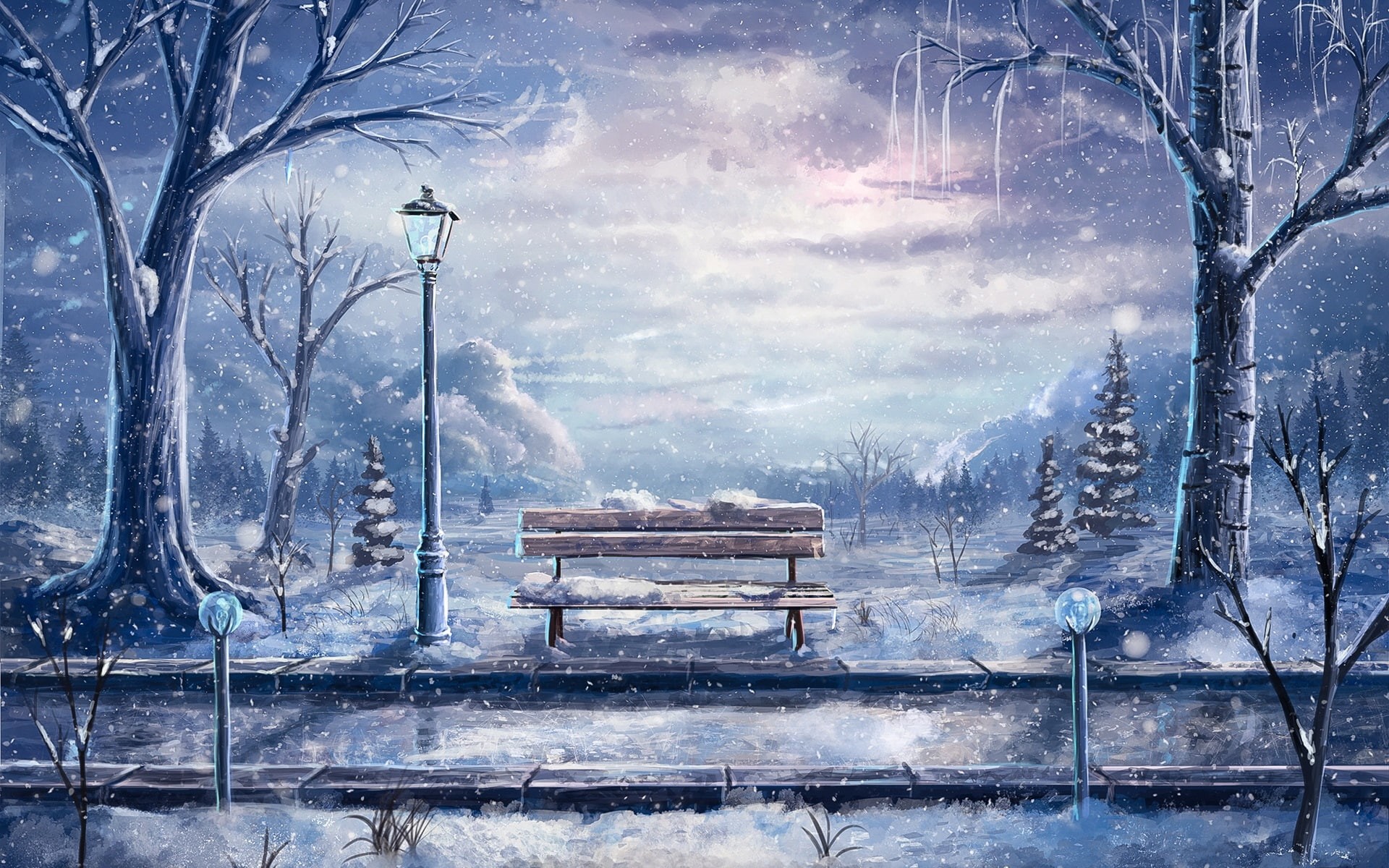 Winter, Painting, Snow, Trees, Art, Bench, 1080P, Lantern, HD Wallpaper